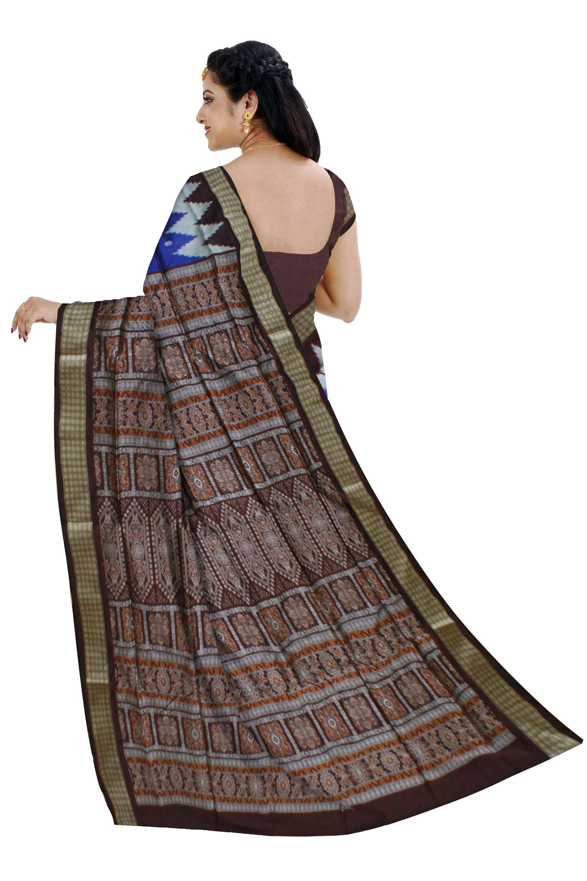 A Sambalpuri Pata Saree with Bomkei pattern In Blue Color With Blouse Piece - Koshali Arts & Crafts Enterprise