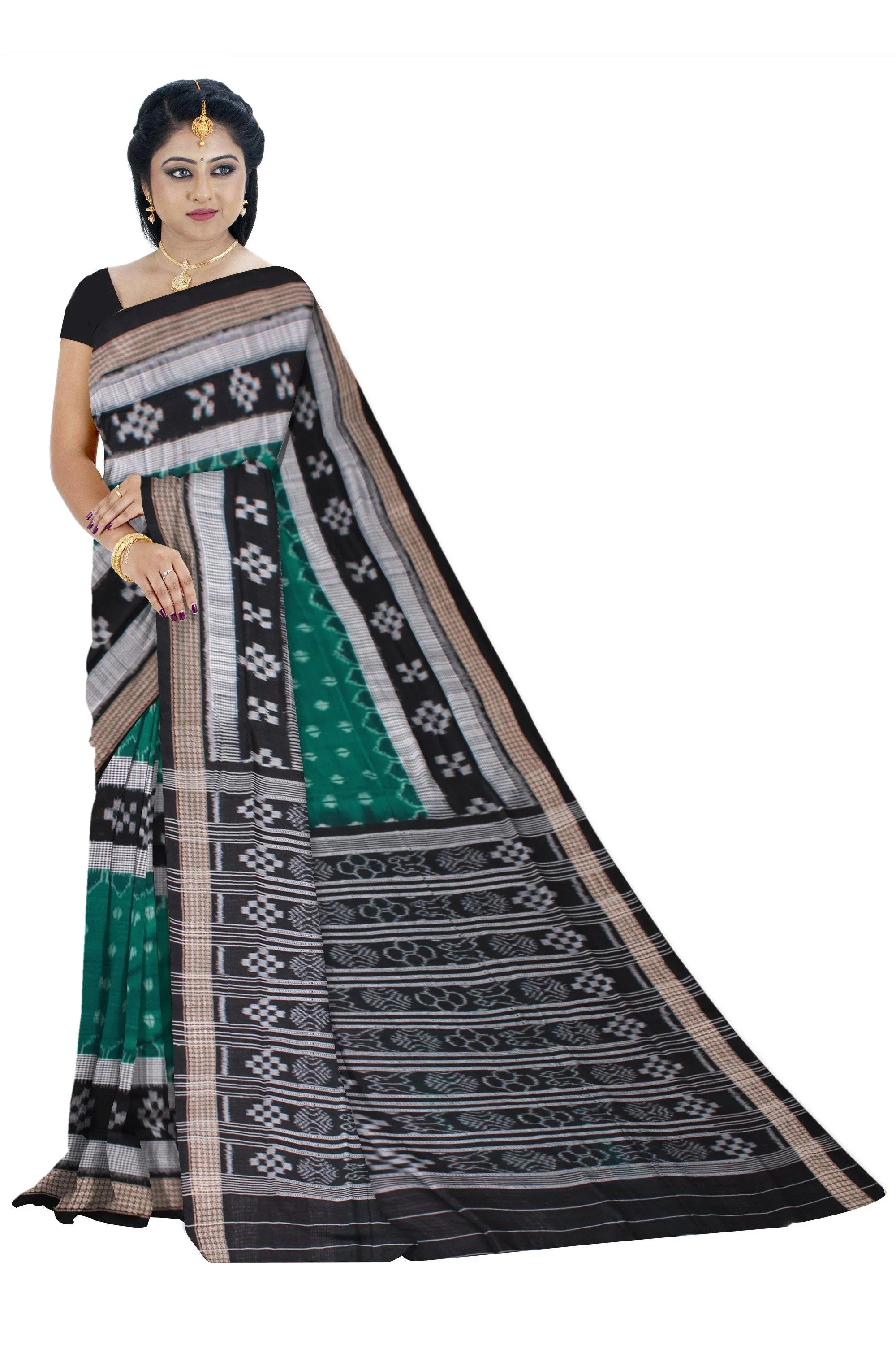 Dhadi Pasapali Patten Green and black color Sambalpuri Cotton Saree without Blouse piece. - Koshali Arts & Crafts Enterprise