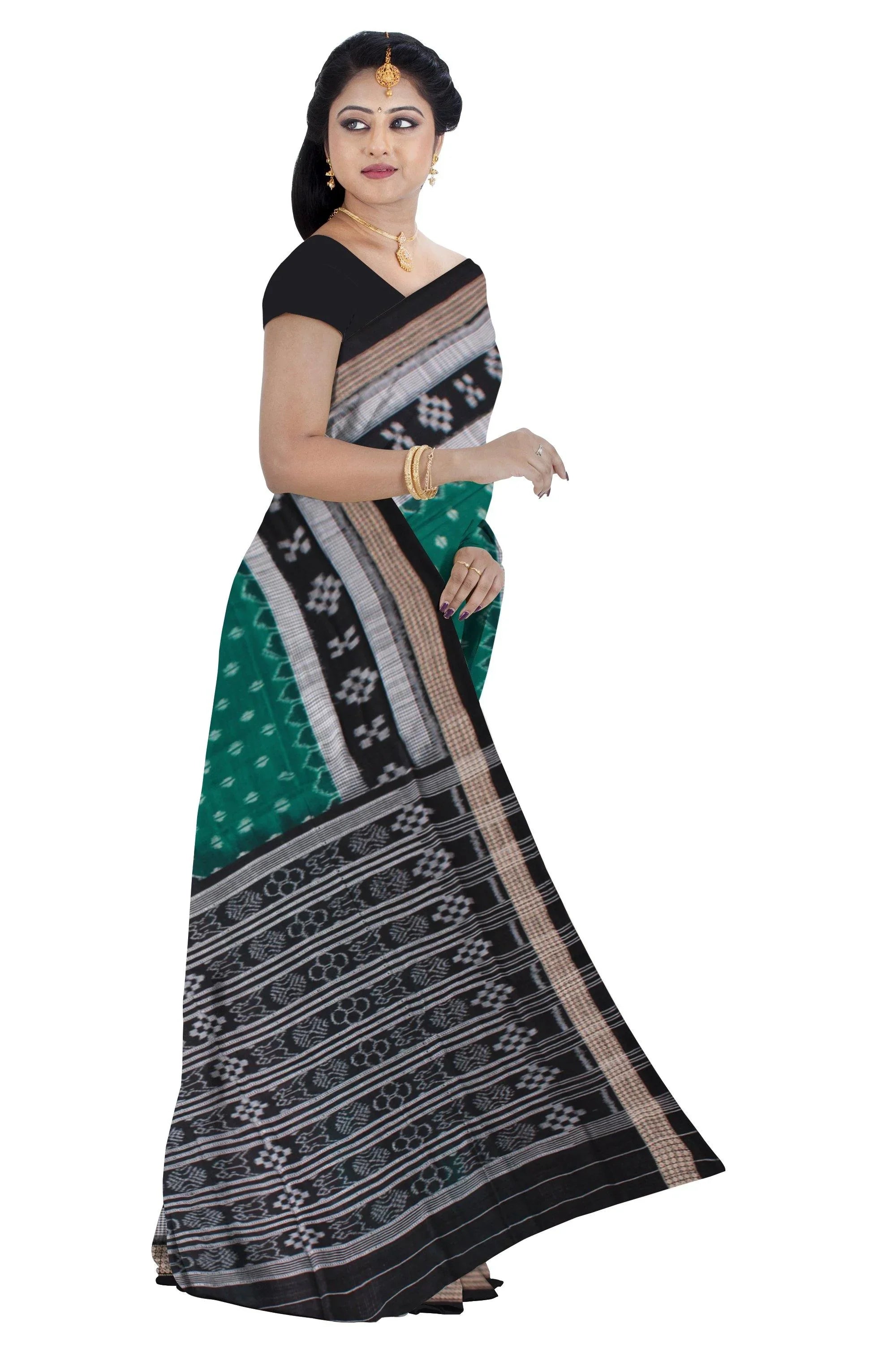 Dhadi Pasapali Patten Green and black color Sambalpuri Cotton Saree without Blouse piece. - Koshali Arts & Crafts Enterprise