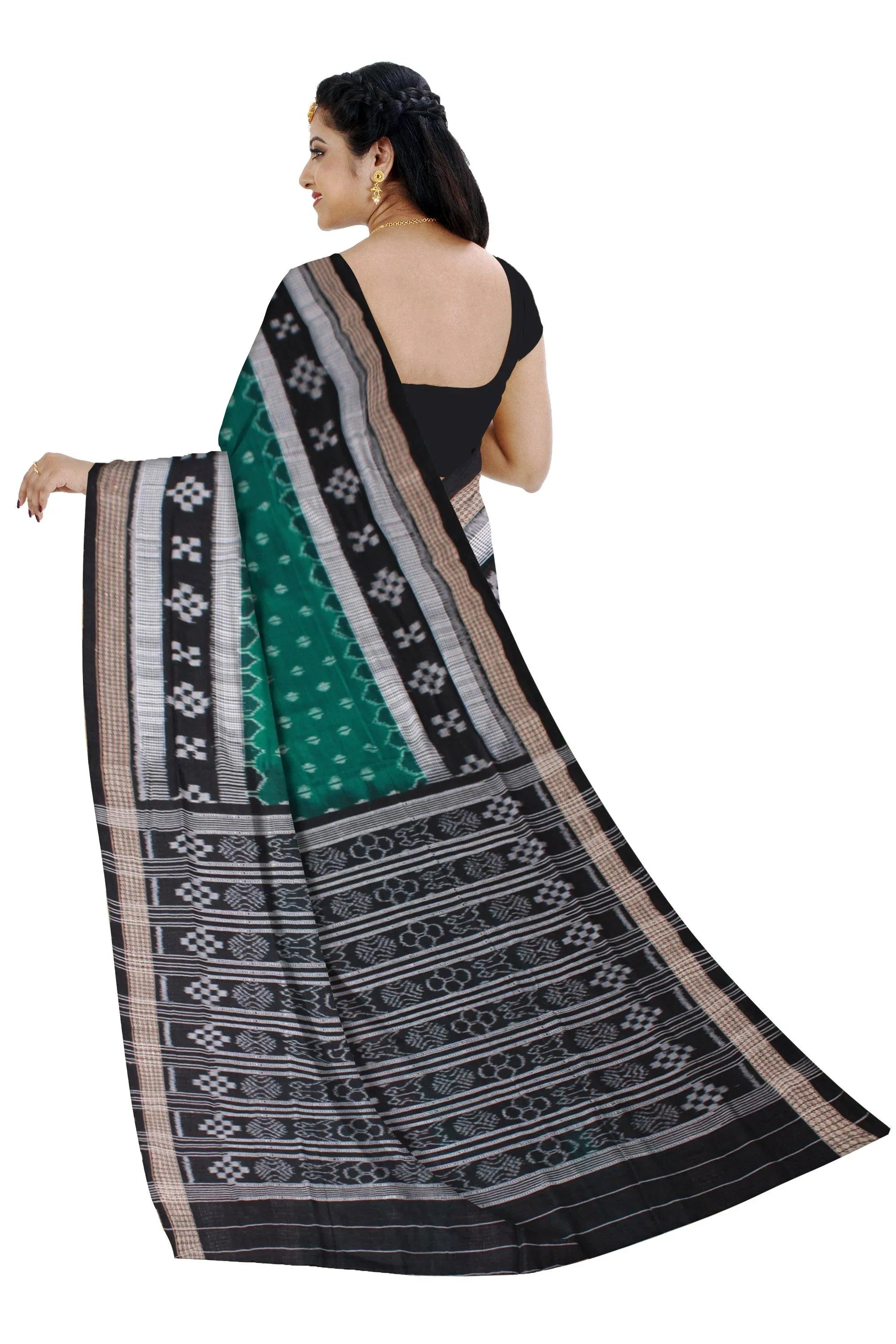 Dhadi Pasapali Patten Green and black color Sambalpuri Cotton Saree without Blouse piece. - Koshali Arts & Crafts Enterprise