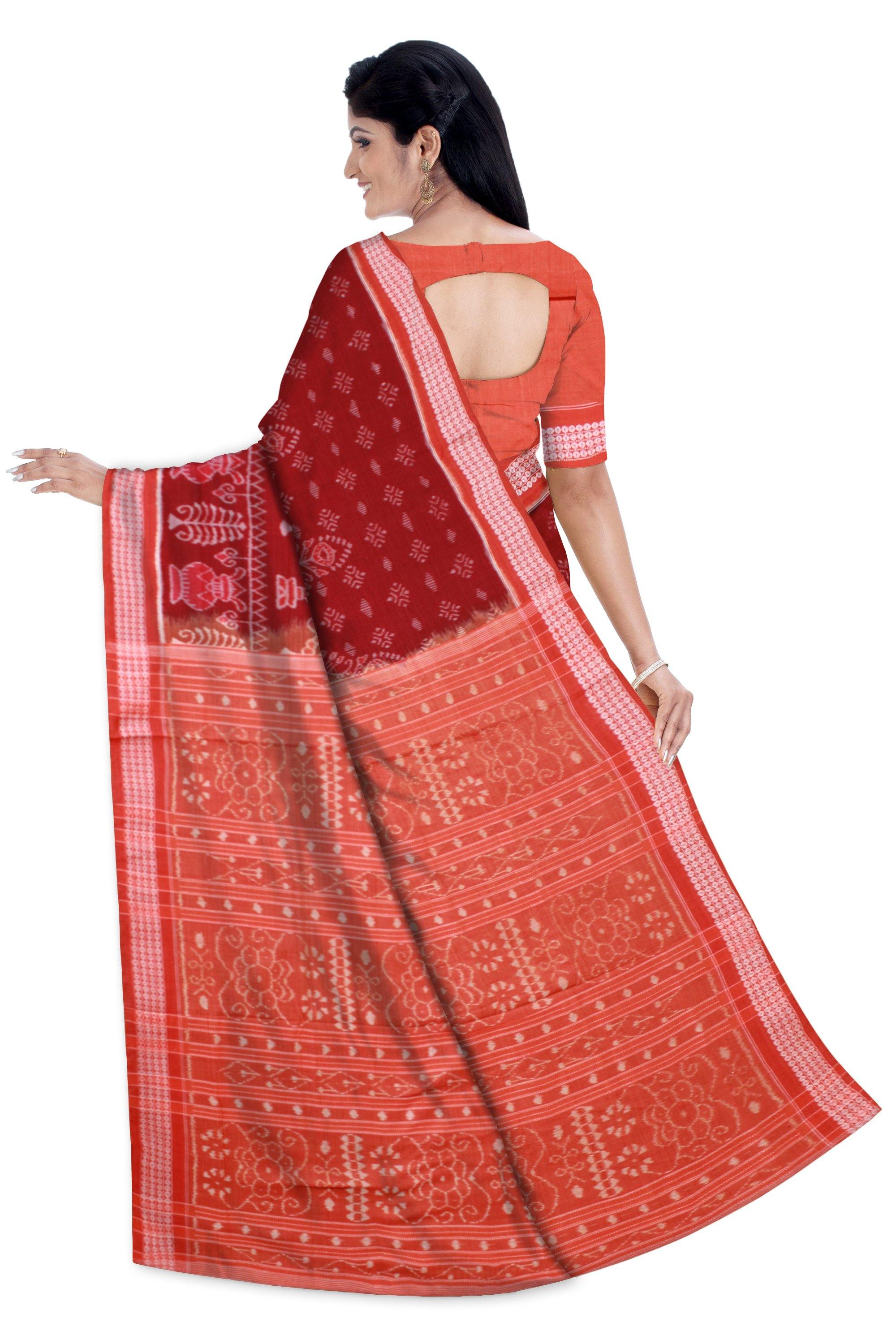 Brown color flora print cotton Sambalpuri saree with blouse piece - Koshali Arts & Crafts Enterprise