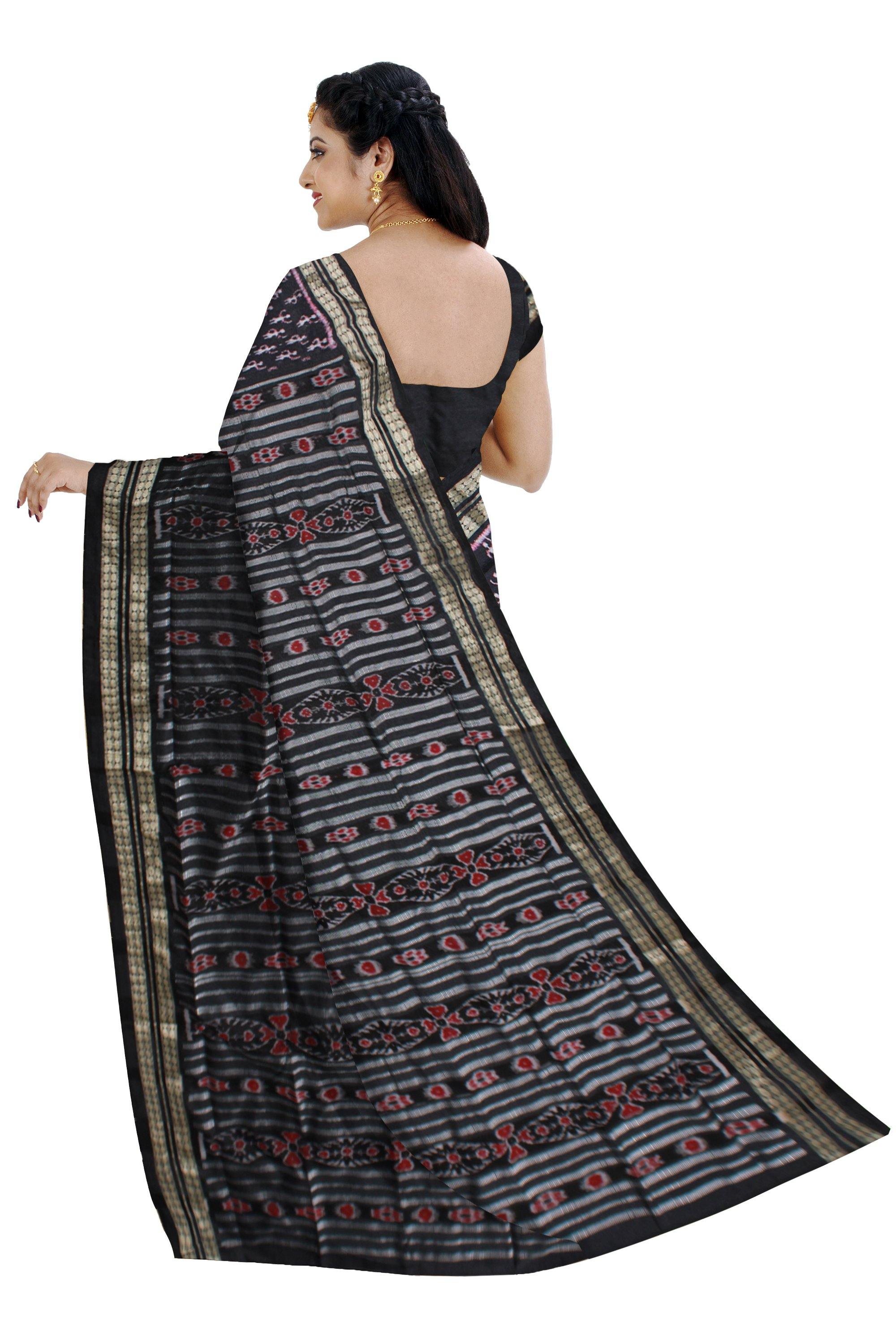Blue color pata saree, Black in pallu. With blouse piece - Koshali Arts & Crafts Enterprise