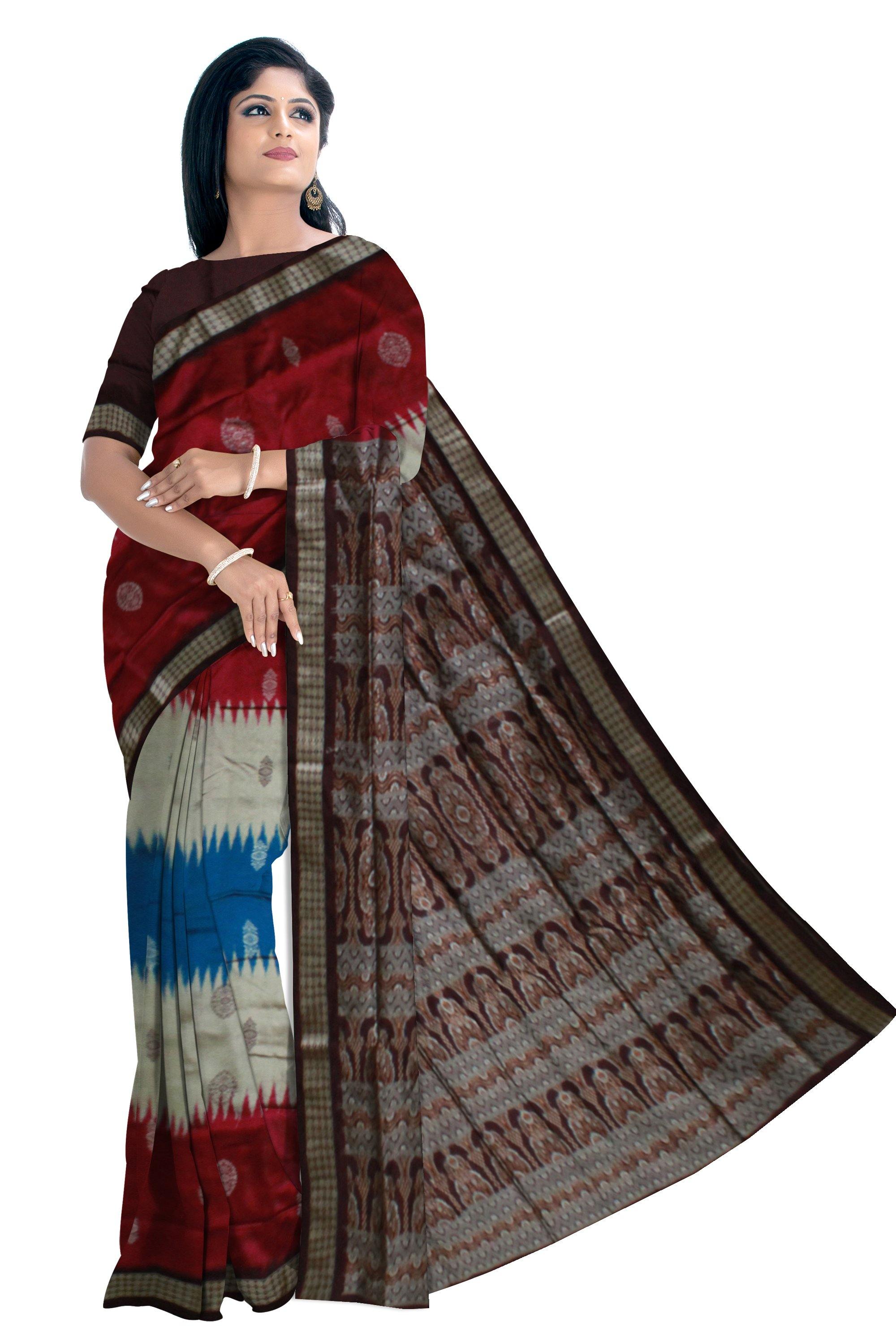 Red, Blue & Grey Colour Sambalpuri Pata Saree with small bomkei pattern with blouse piece - Koshali Arts & Crafts Enterprise