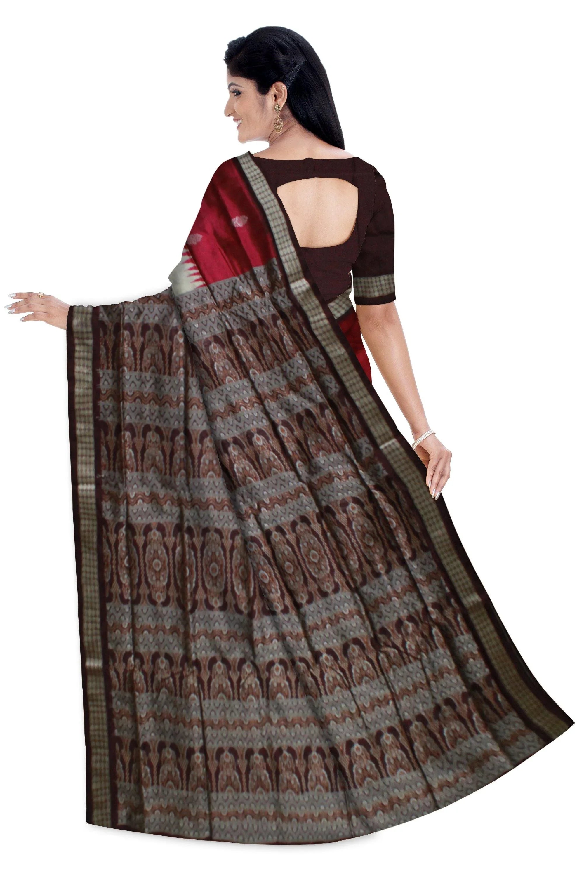 Red, Blue & Grey Colour Sambalpuri Pata Saree with small bomkei pattern with blouse piece - Koshali Arts & Crafts Enterprise