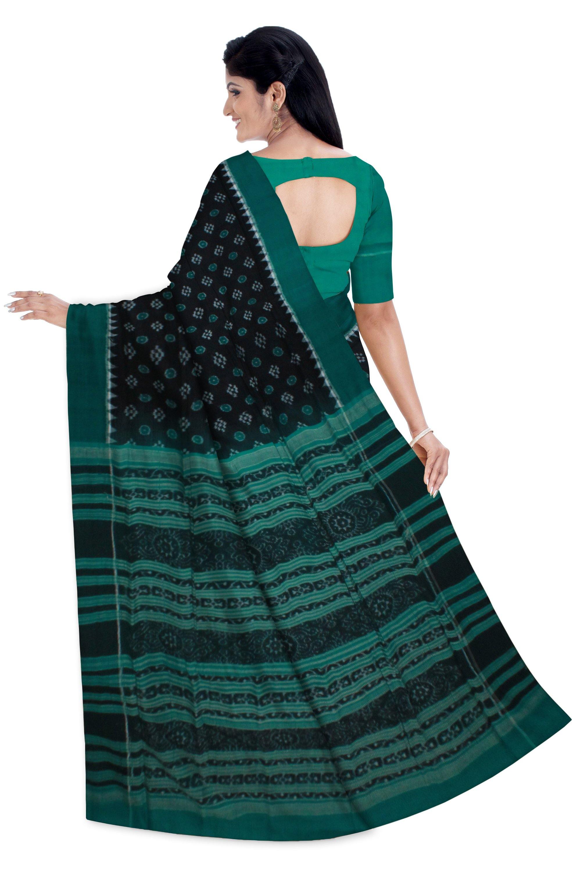 Sambalpuri Handwoven IKAT cotton Saree With plane border in Black and Green Color with Blouse Piece - Koshali Arts & Crafts Enterprise