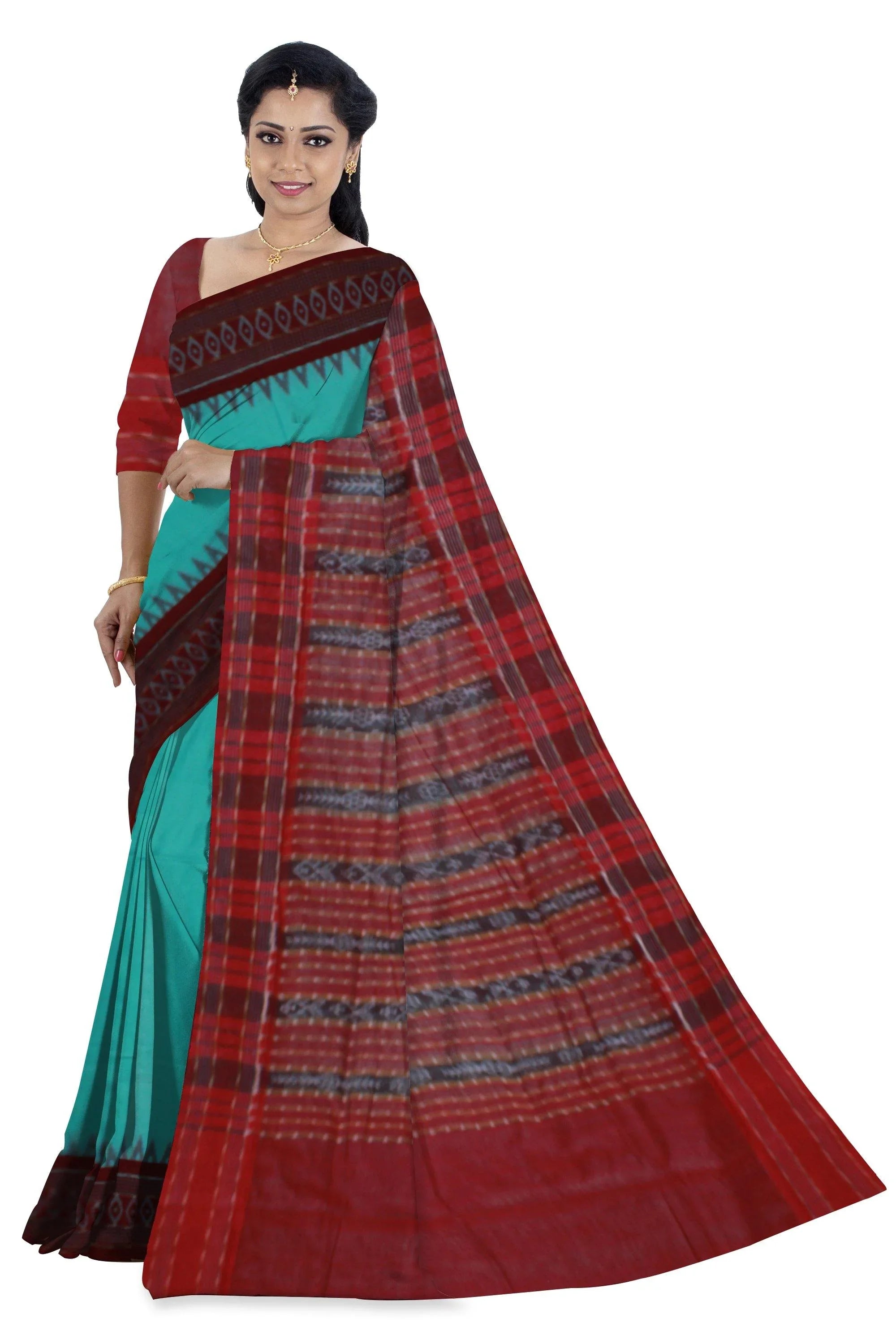 Handwoven Sambalpuri Saree, with plain body and brown border with blouse piece - Koshali Arts & Crafts Enterprise
