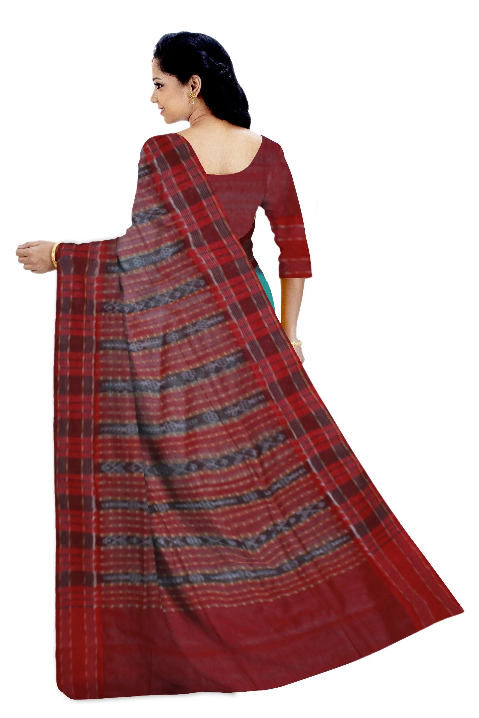 Handwoven Sambalpuri Saree, with plain body and brown border with blouse piece - Koshali Arts & Crafts Enterprise
