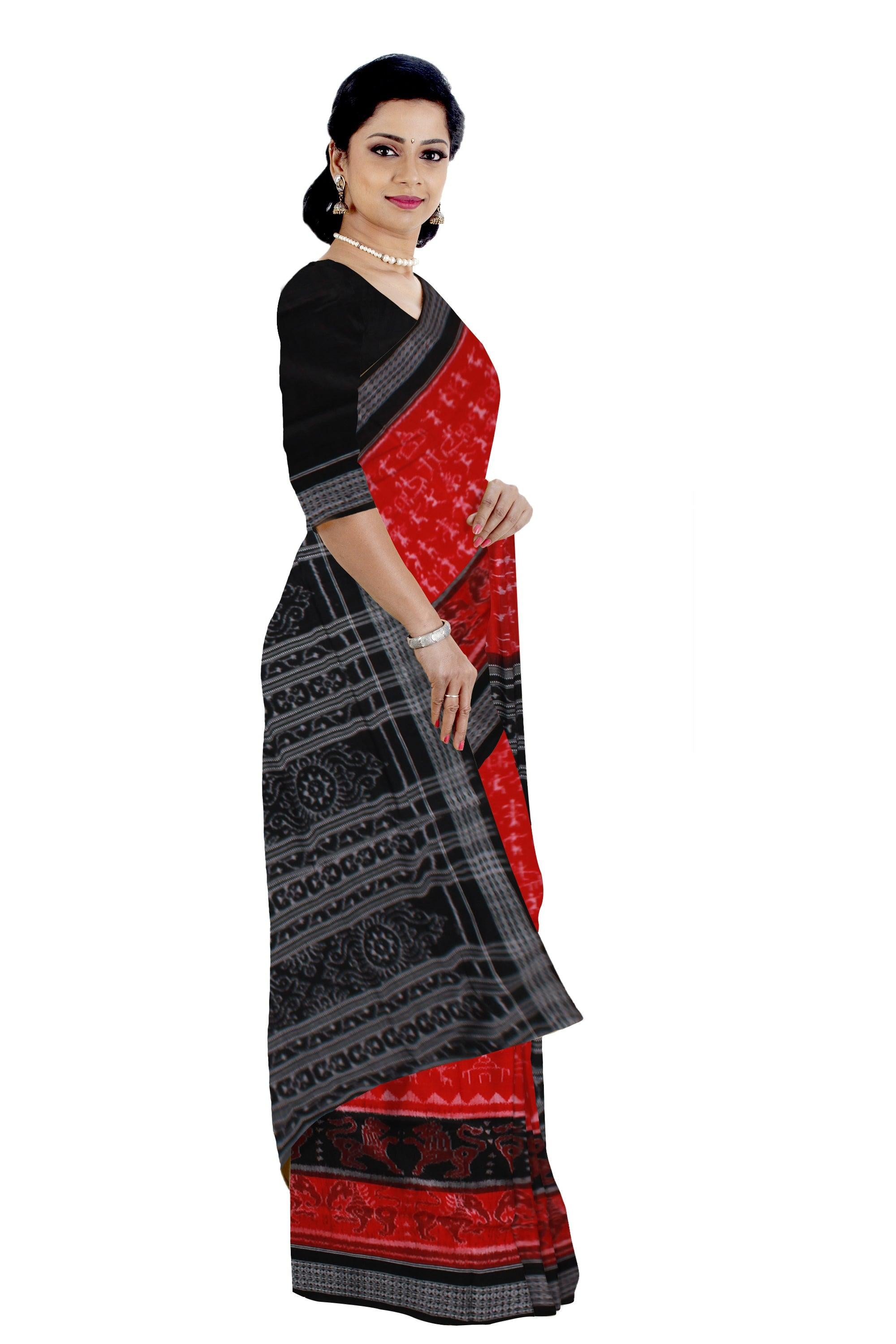 Tribal Dance Pattern Paper Bandha Cotton Saree in Red Colour - Koshali Arts & Crafts Enterprise