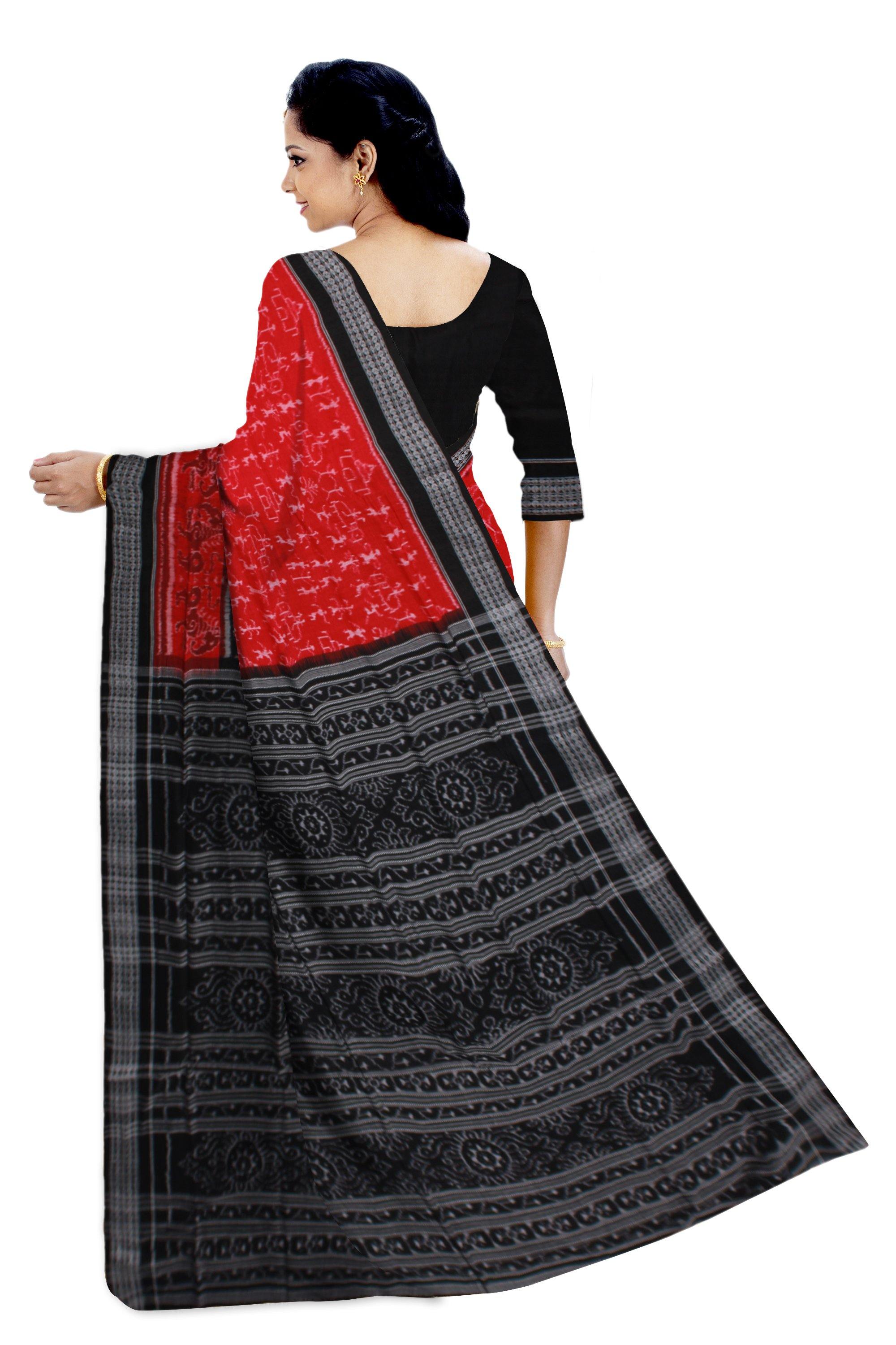 Tribal Dance Pattern Paper Bandha Cotton Saree in Red Colour - Koshali Arts & Crafts Enterprise