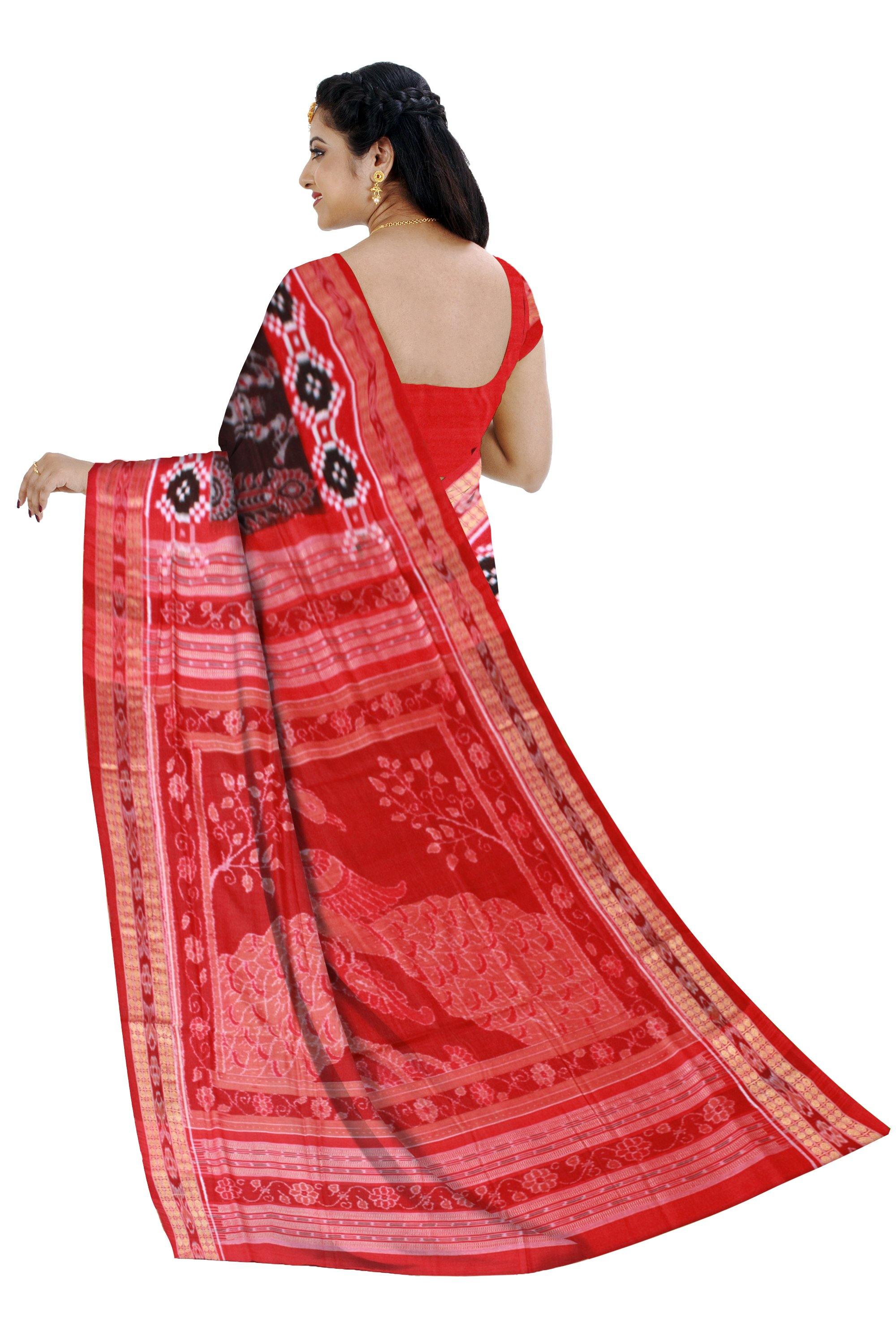 A Very Beautiful Sambalpuri Bandha pattern saree in Anchi (Dark Brown) Colour with Pata Boarder and blouse piece in Maroon - Koshali Arts & Crafts Enterprise