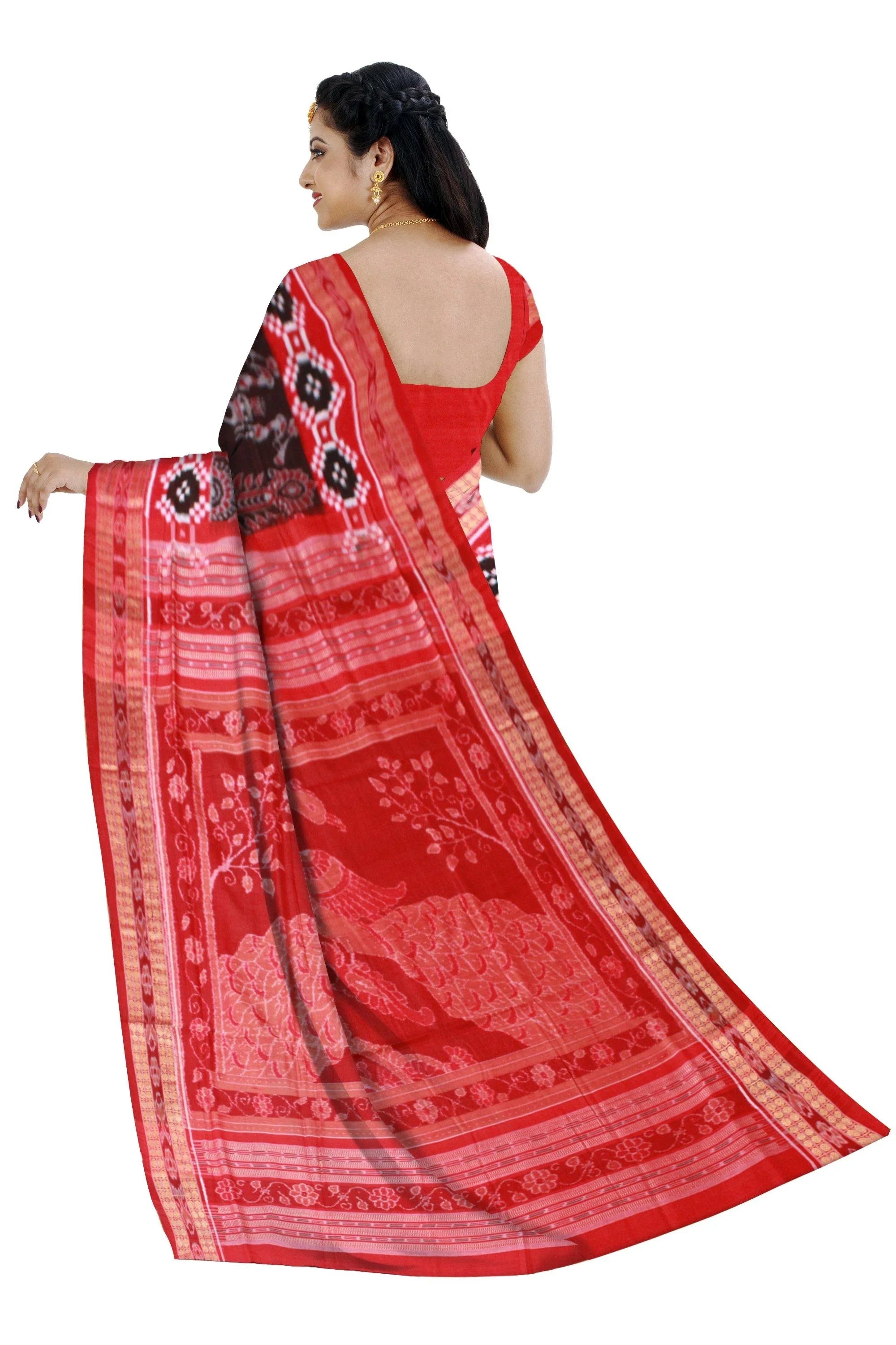 A Very Beautiful Sambalpuri Bandha pattern saree in Anchi (Dark Brown) Colour with Pata Boarder and blouse piece in Maroon - Koshali Arts & Crafts Enterprise