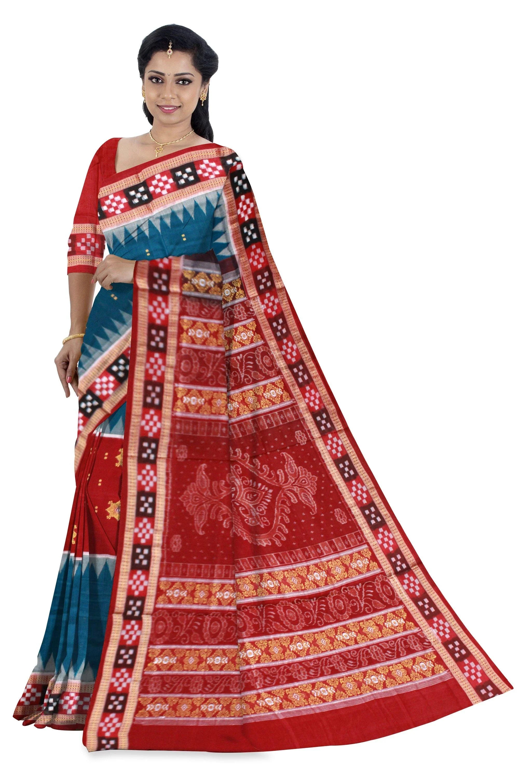 Tin Fera Bomkei Pattern Sambalpuri Saree in Maroon and in Blue - Koshali Arts & Crafts Enterprise