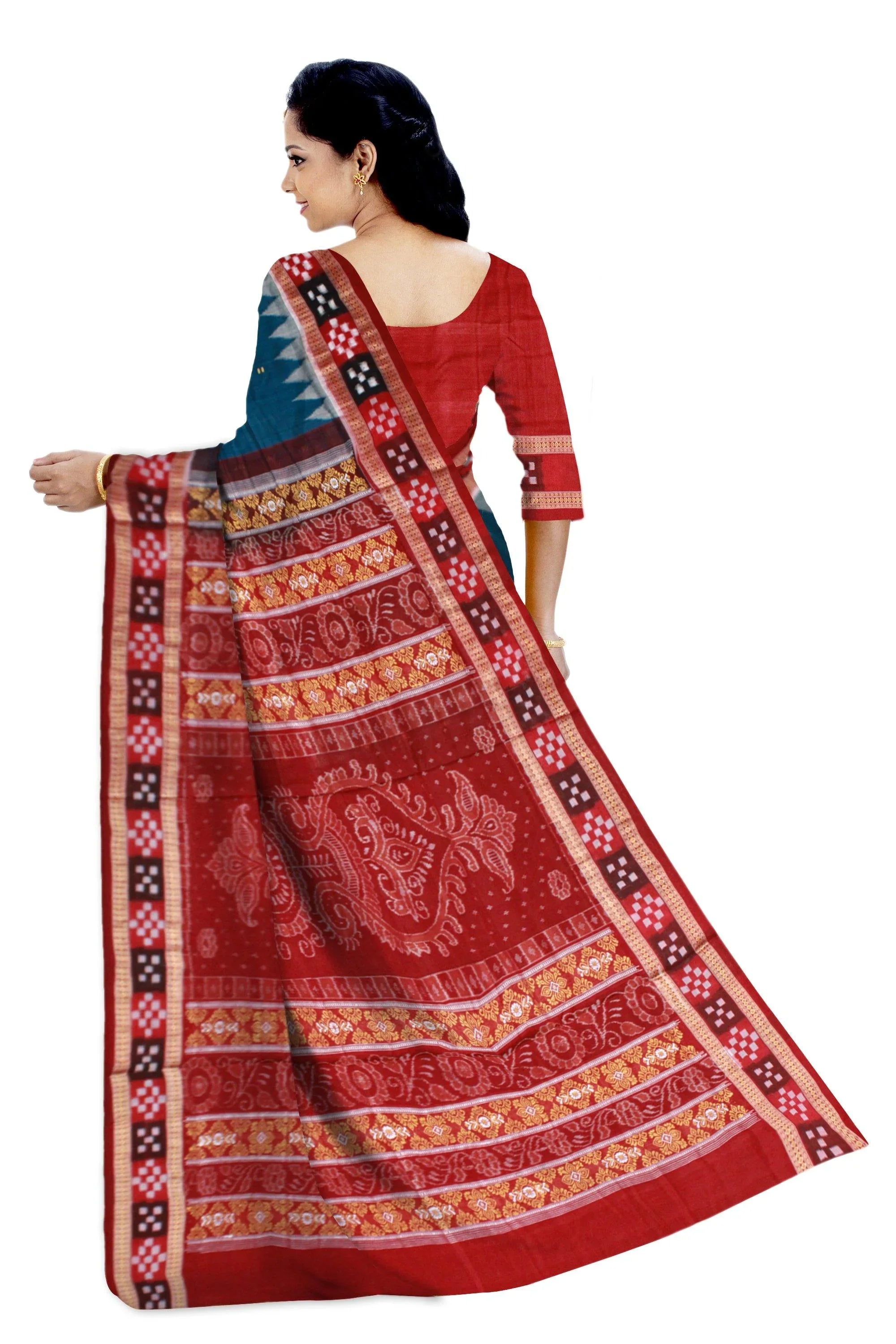 Tin Fera Bomkei Pattern Sambalpuri Saree in Maroon and in Blue - Koshali Arts & Crafts Enterprise