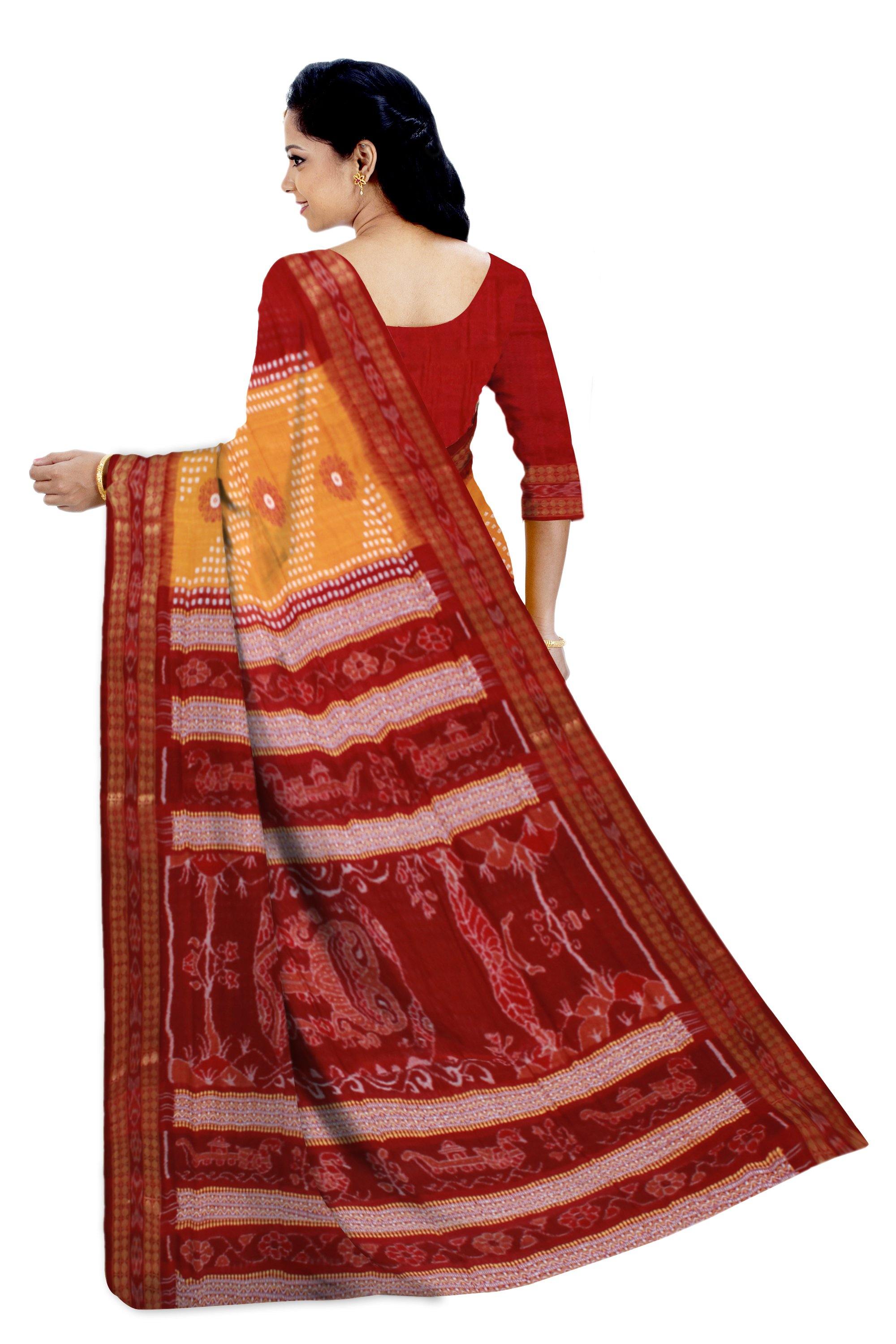 Sambalpuri traditional Bomkei saree in brown and yellow color in body and brown in pallu, with blouse piece - Koshali Arts & Crafts Enterprise