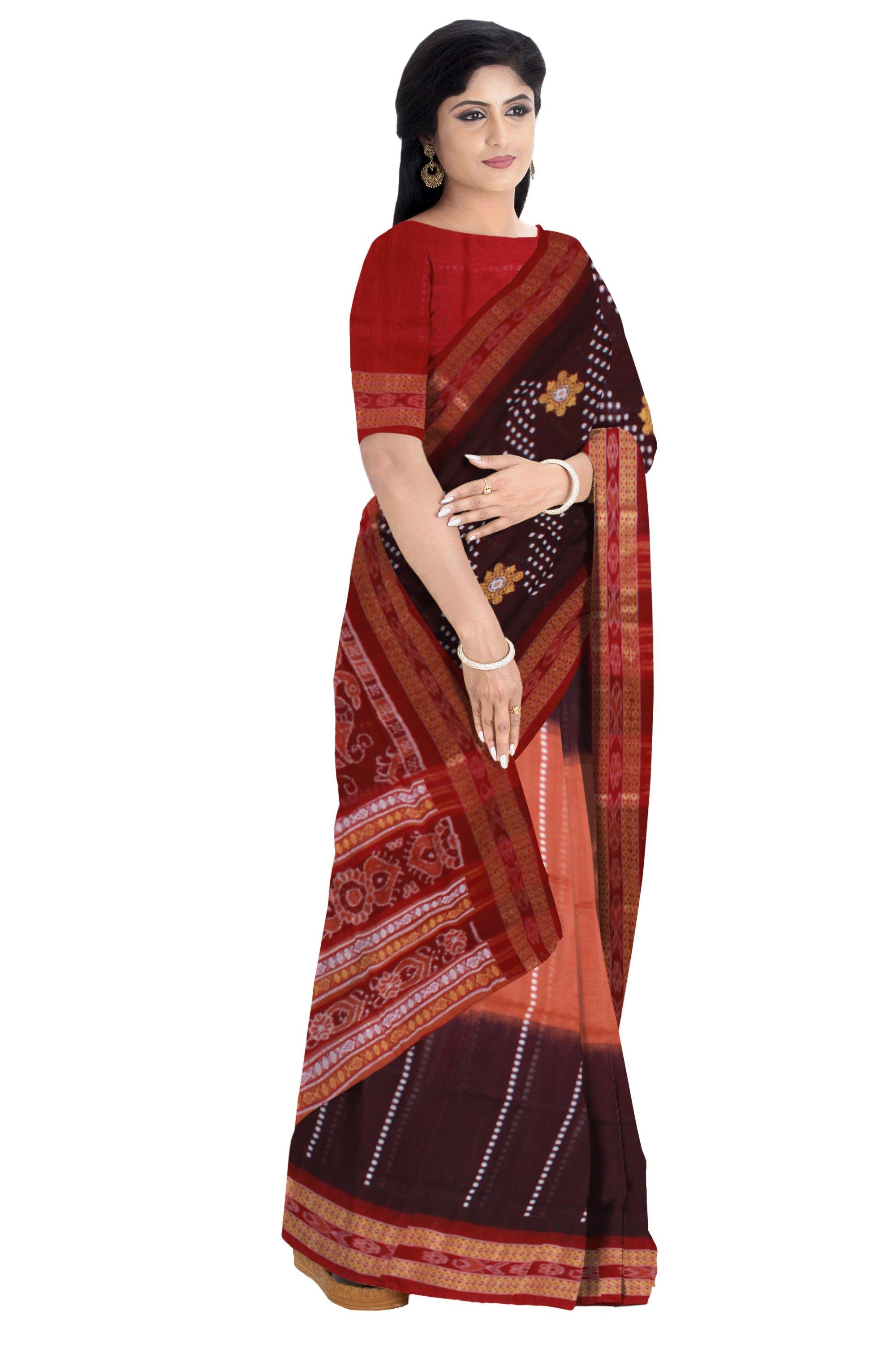 Exclusive Sambalpuri handwoven Bomkei pattern saree in Maroon and brown color. With blouse piece. - Koshali Arts & Crafts Enterprise