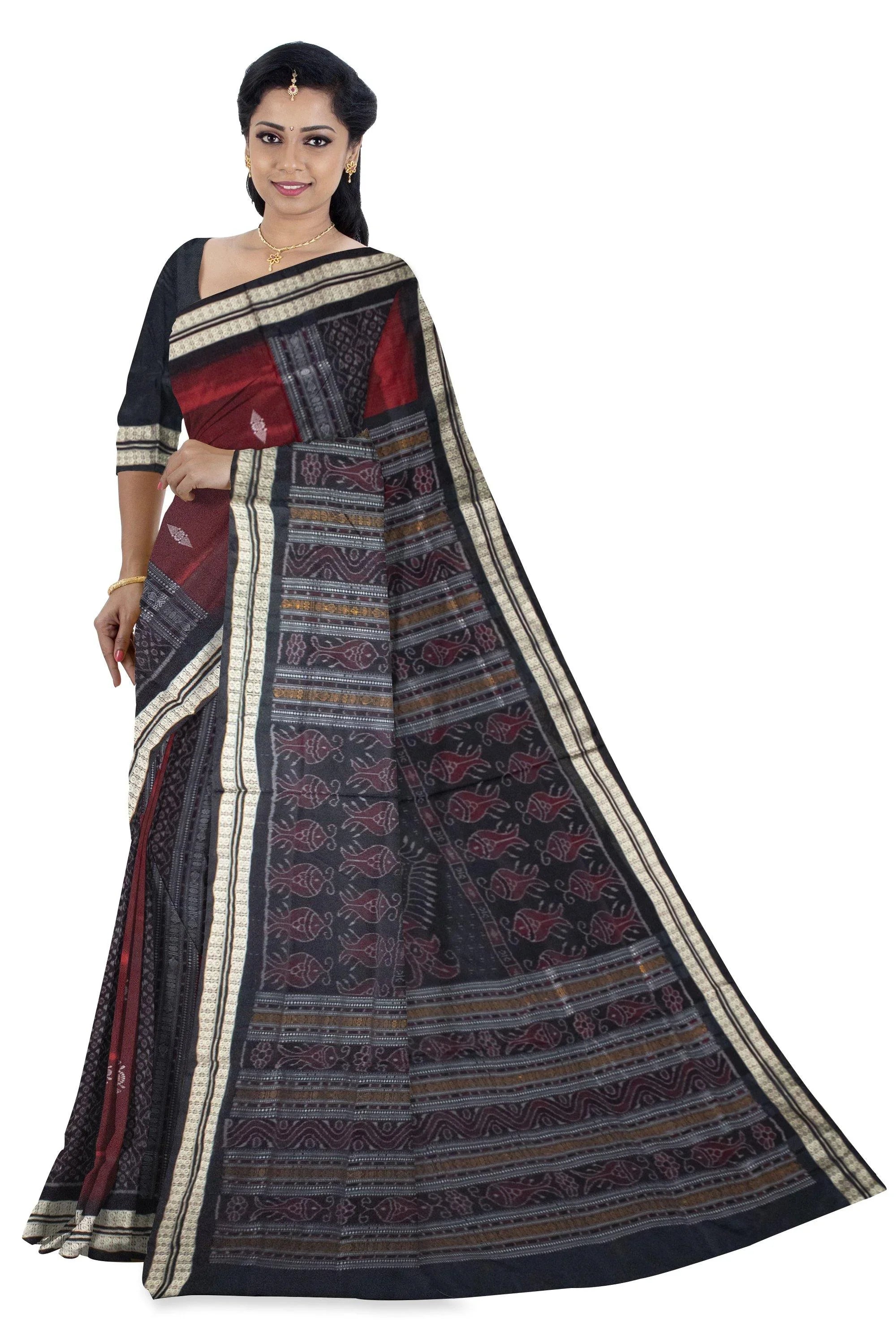 Latest design Pata saree in Maroon and black color & Flower Bomkei with blouse Piece - Koshali Arts & Crafts Enterprise