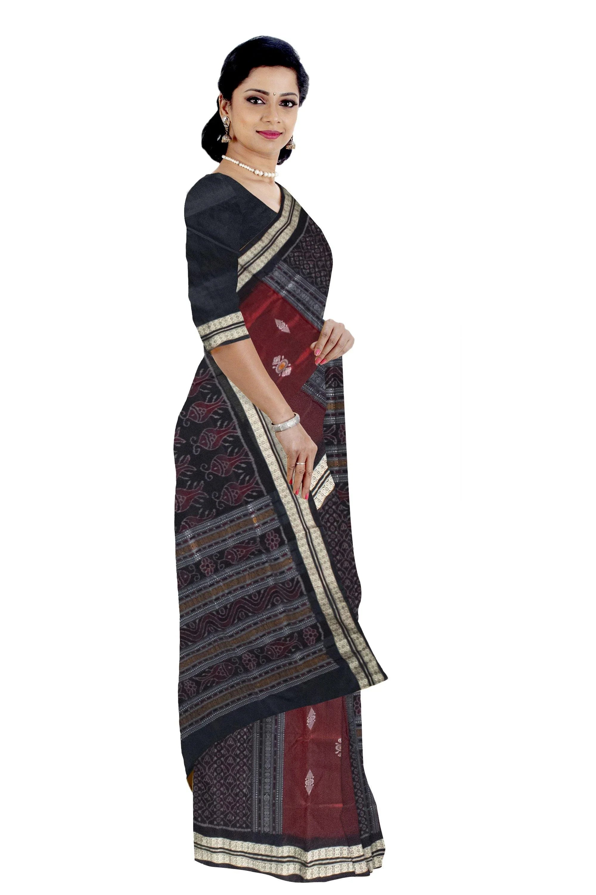 Latest design Pata saree in Maroon and black color & Flower Bomkei with blouse Piece - Koshali Arts & Crafts Enterprise