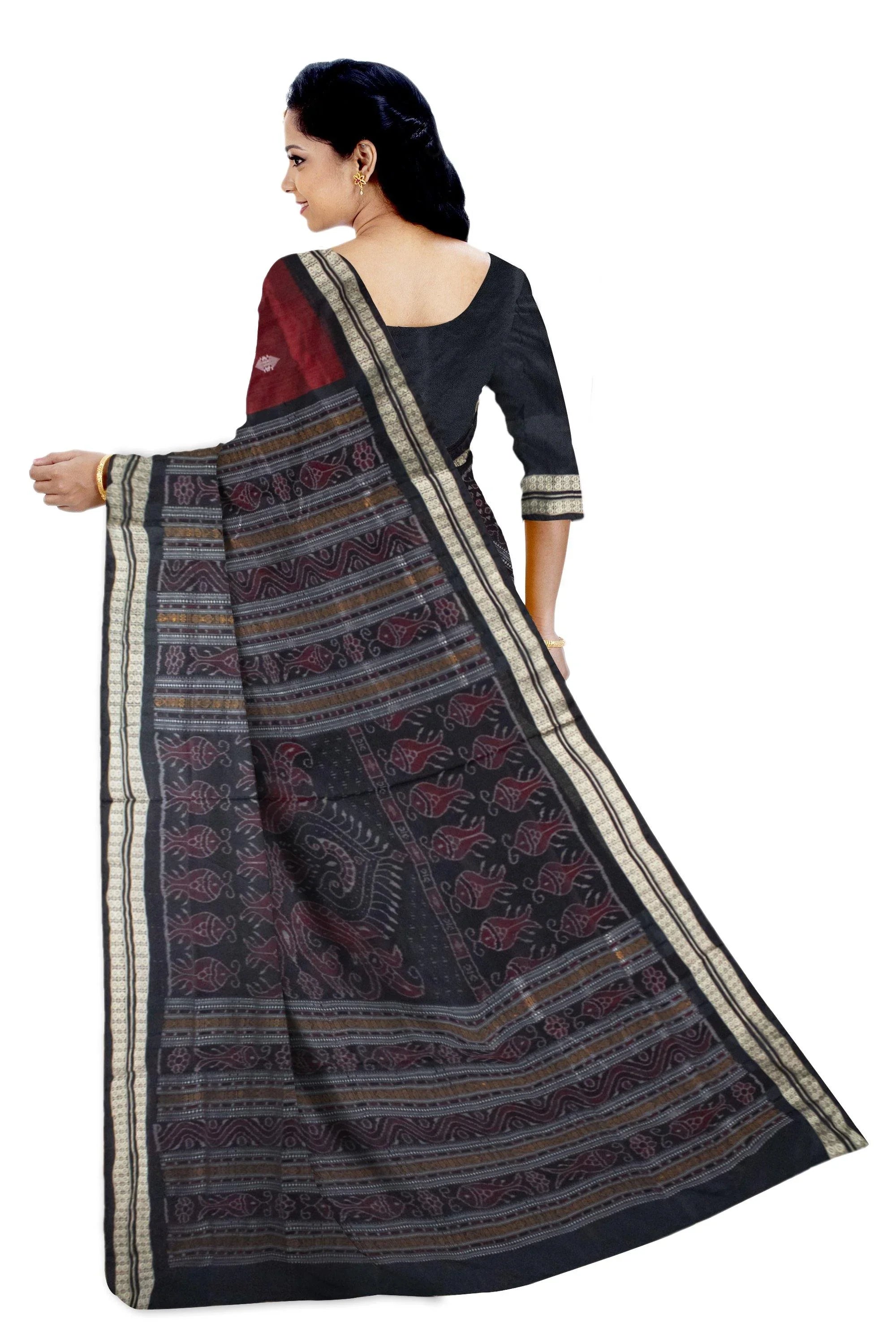 Latest design Pata saree in Maroon and black color & Flower Bomkei with blouse Piece - Koshali Arts & Crafts Enterprise