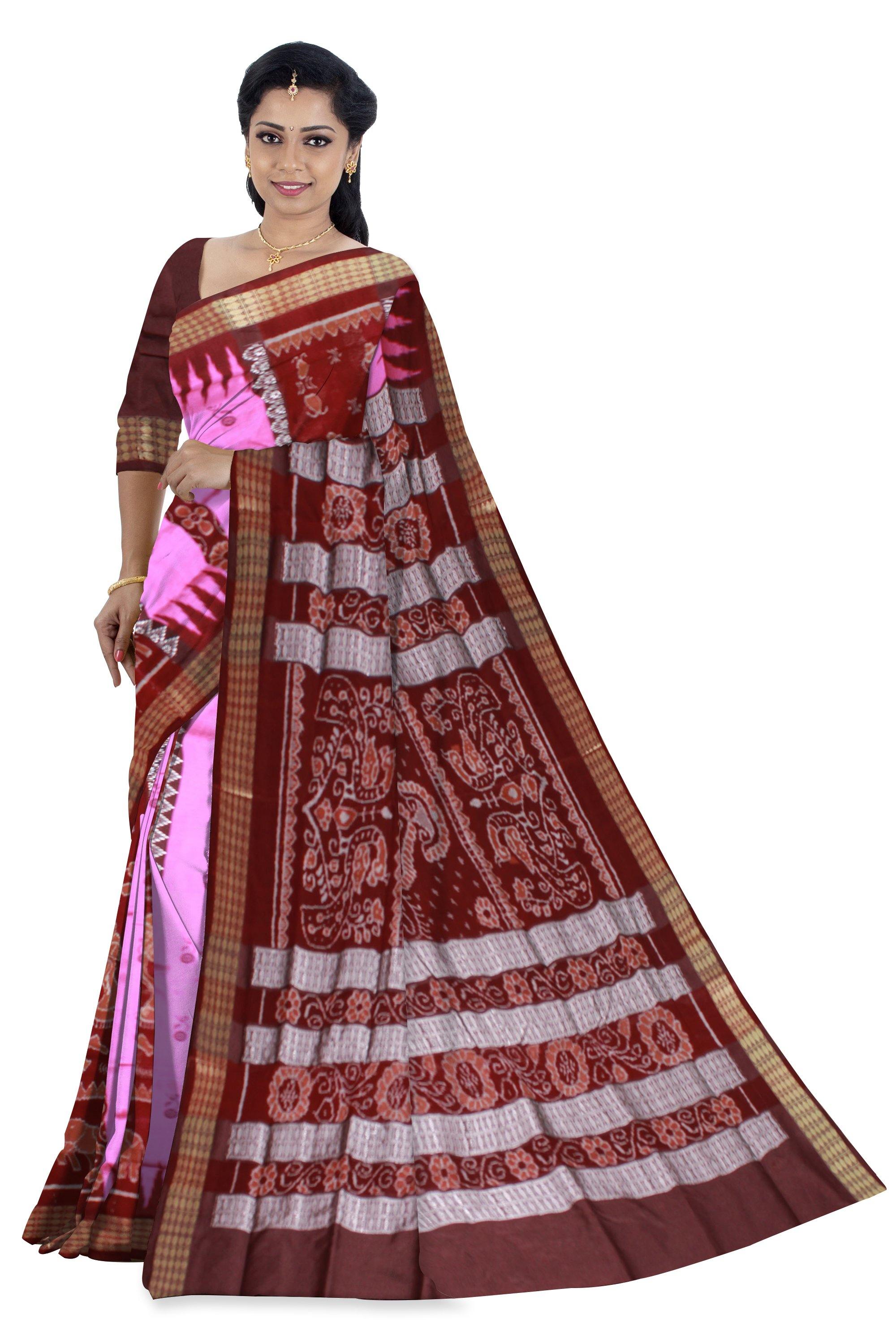 Latest design Pata saree in Pink and Brown color & Flower Bomkei with blouse Piece - Koshali Arts & Crafts Enterprise
