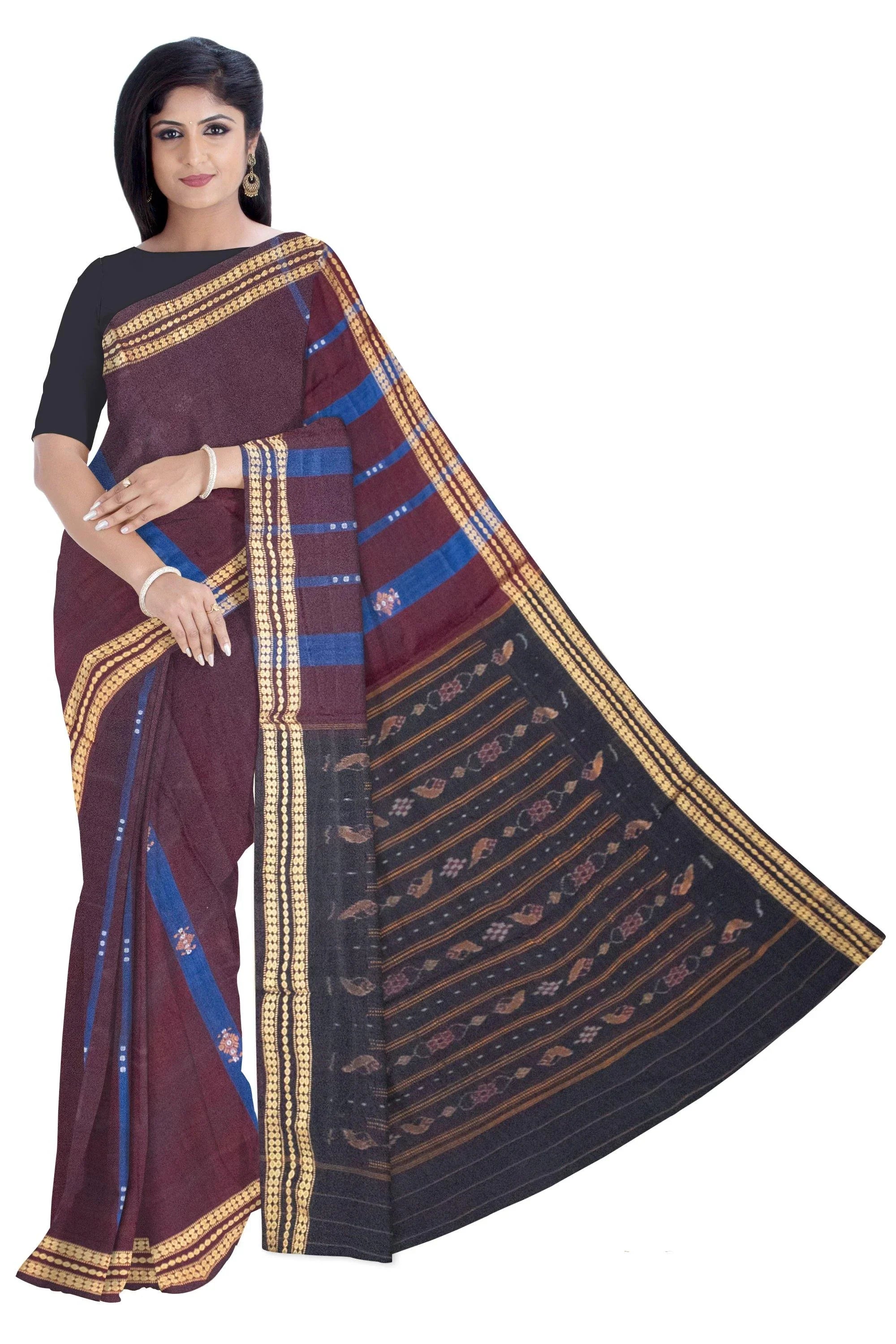 Maroon color plain cotton Sambalpuri saree, with out blouse piece. - Koshali Arts & Crafts Enterprise