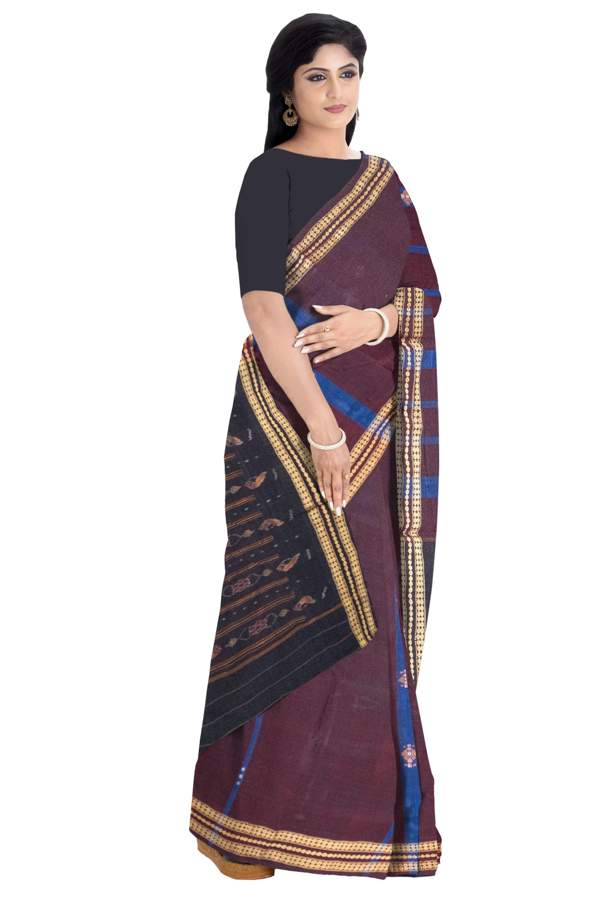 Maroon color Pure cotton Bomkei pattern Sambalpuri saree - Koshali Arts & Crafts Enterprise
