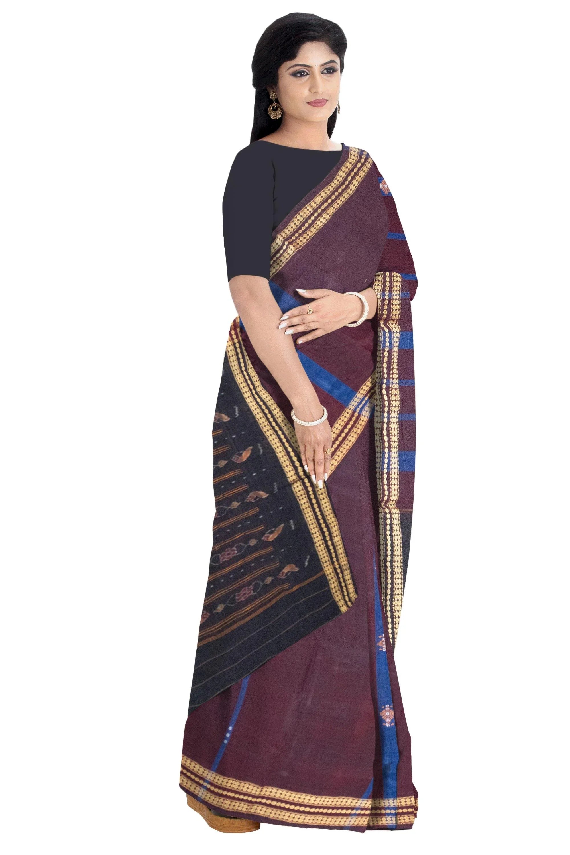 Maroon color plain cotton Sambalpuri saree, with out blouse piece. - Koshali Arts & Crafts Enterprise
