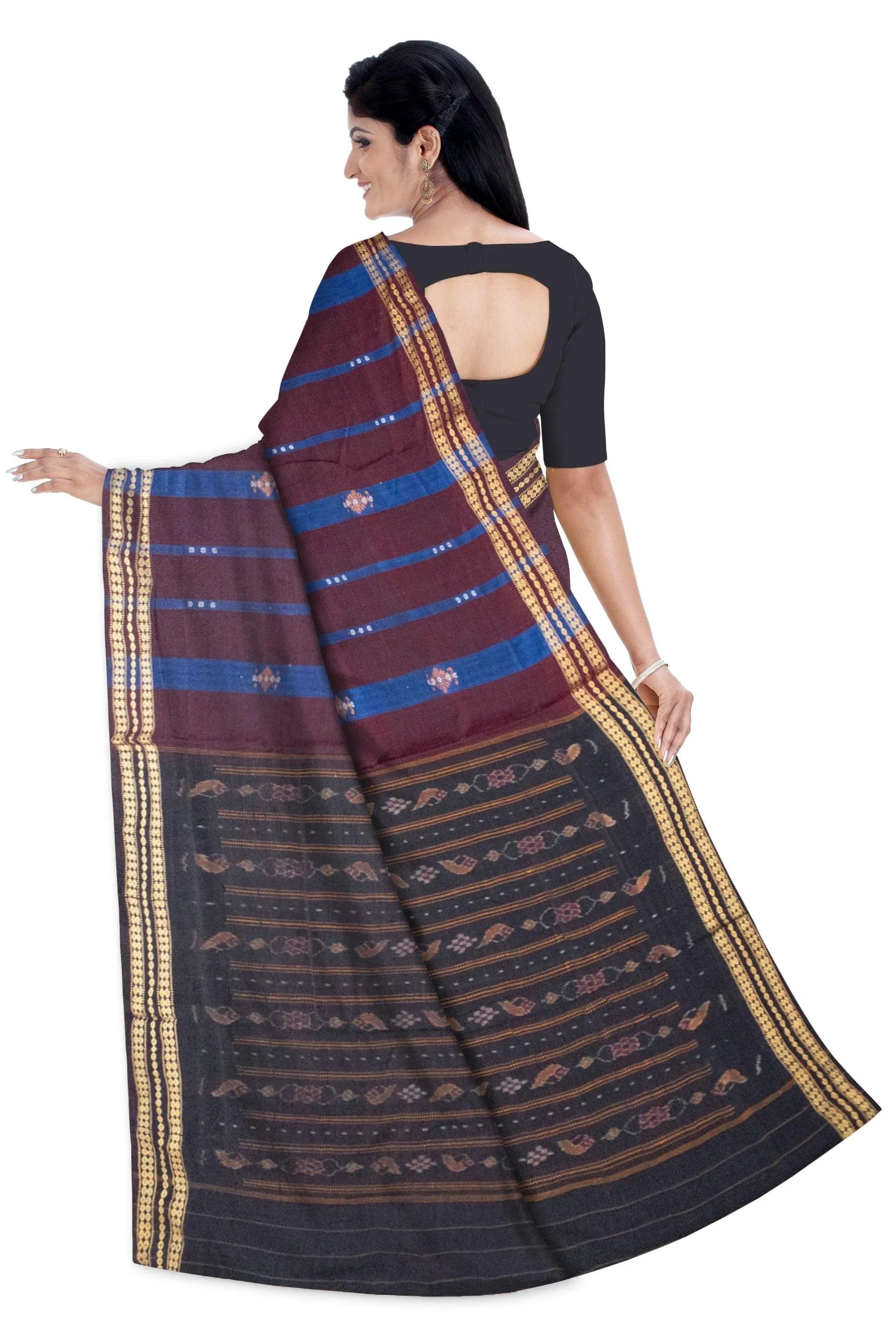 Maroon color plain cotton Sambalpuri saree, with out blouse piece. - Koshali Arts & Crafts Enterprise