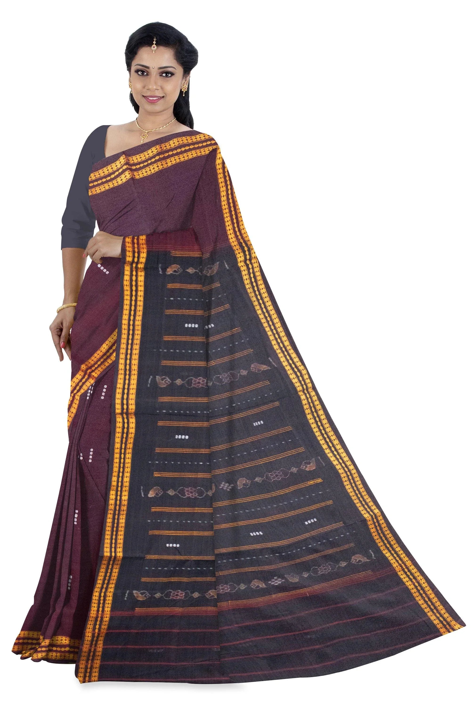 Maroon and black color cotton Bomkei pattern Sambalpuri saree, with out blouse piece. - Koshali Arts & Crafts Enterprise