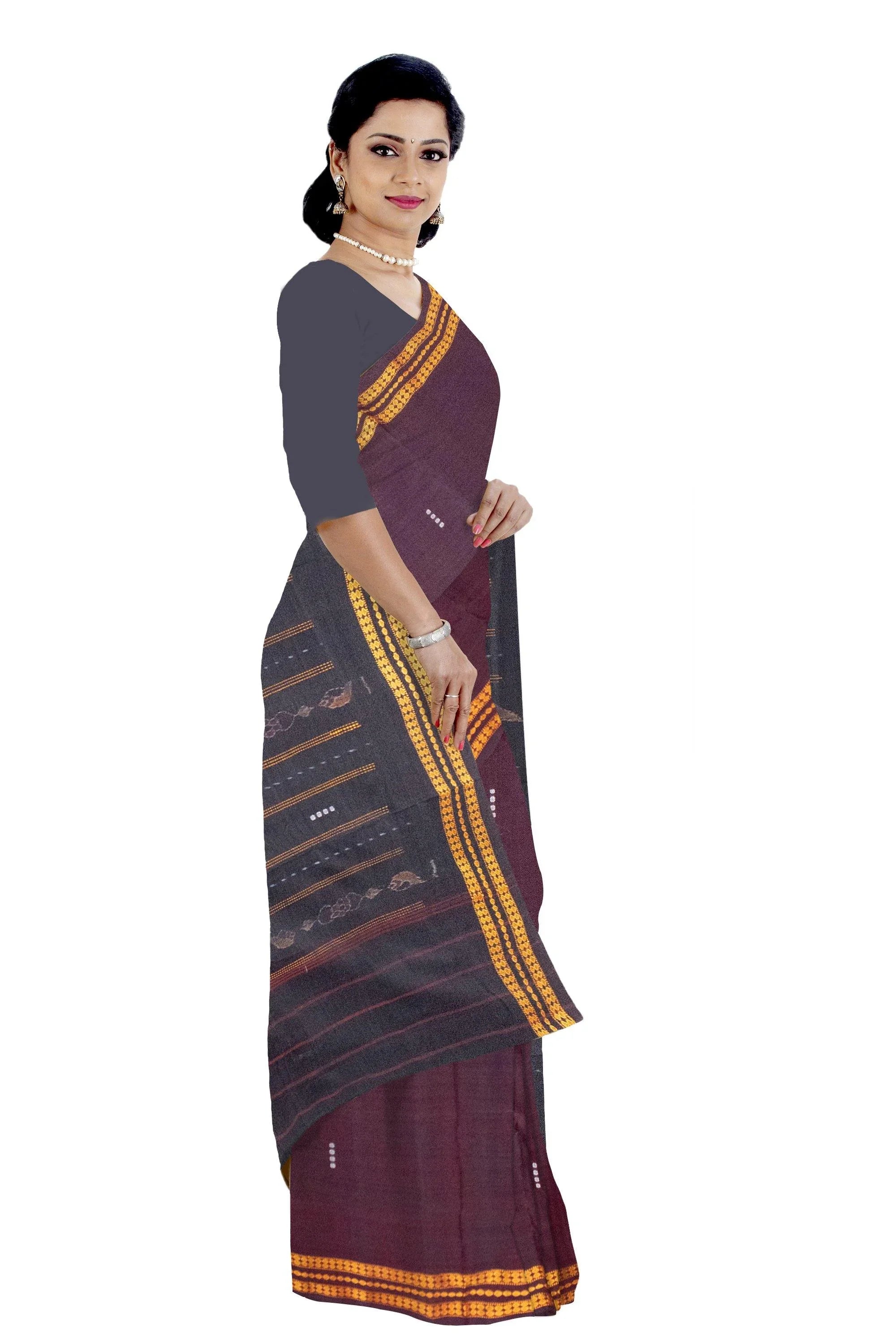 Maroon and black color cotton Bomkei pattern Sambalpuri saree, with out blouse piece. - Koshali Arts & Crafts Enterprise