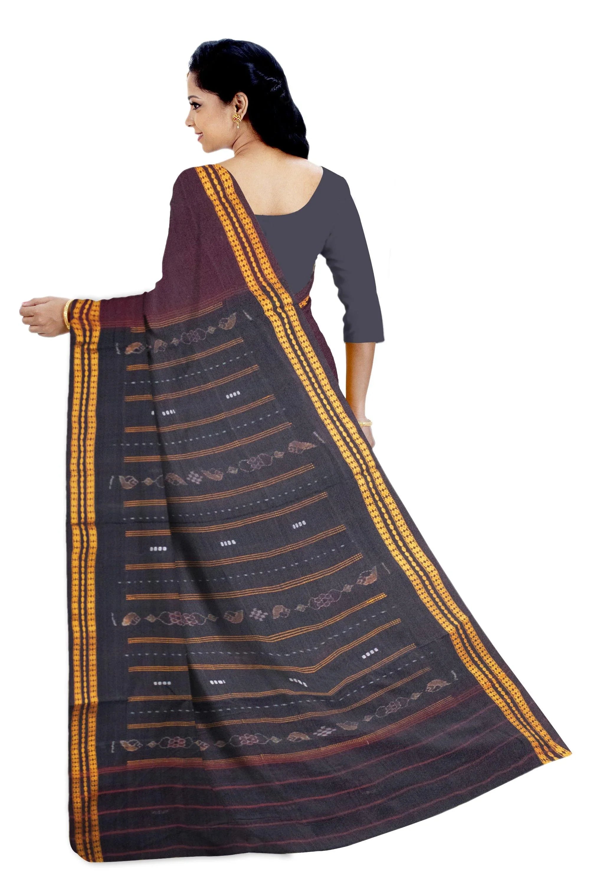 Maroon and black color cotton Bomkei pattern Sambalpuri saree, with out blouse piece. - Koshali Arts & Crafts Enterprise