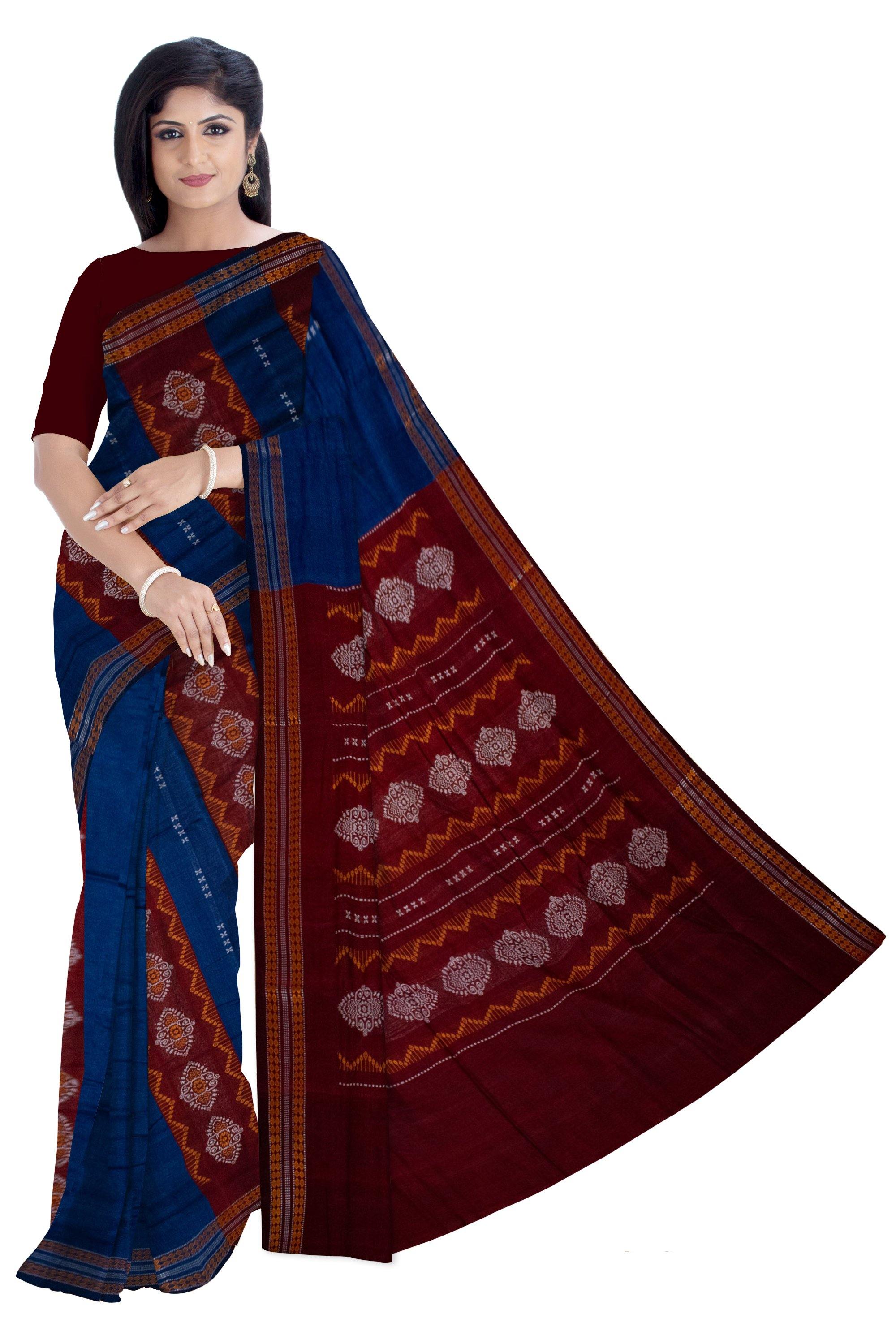 Sambalpuri Blue color cotton saree with Maroon Lining and Bomkei pattern. With Blouse piece. - Koshali Arts & Crafts Enterprise