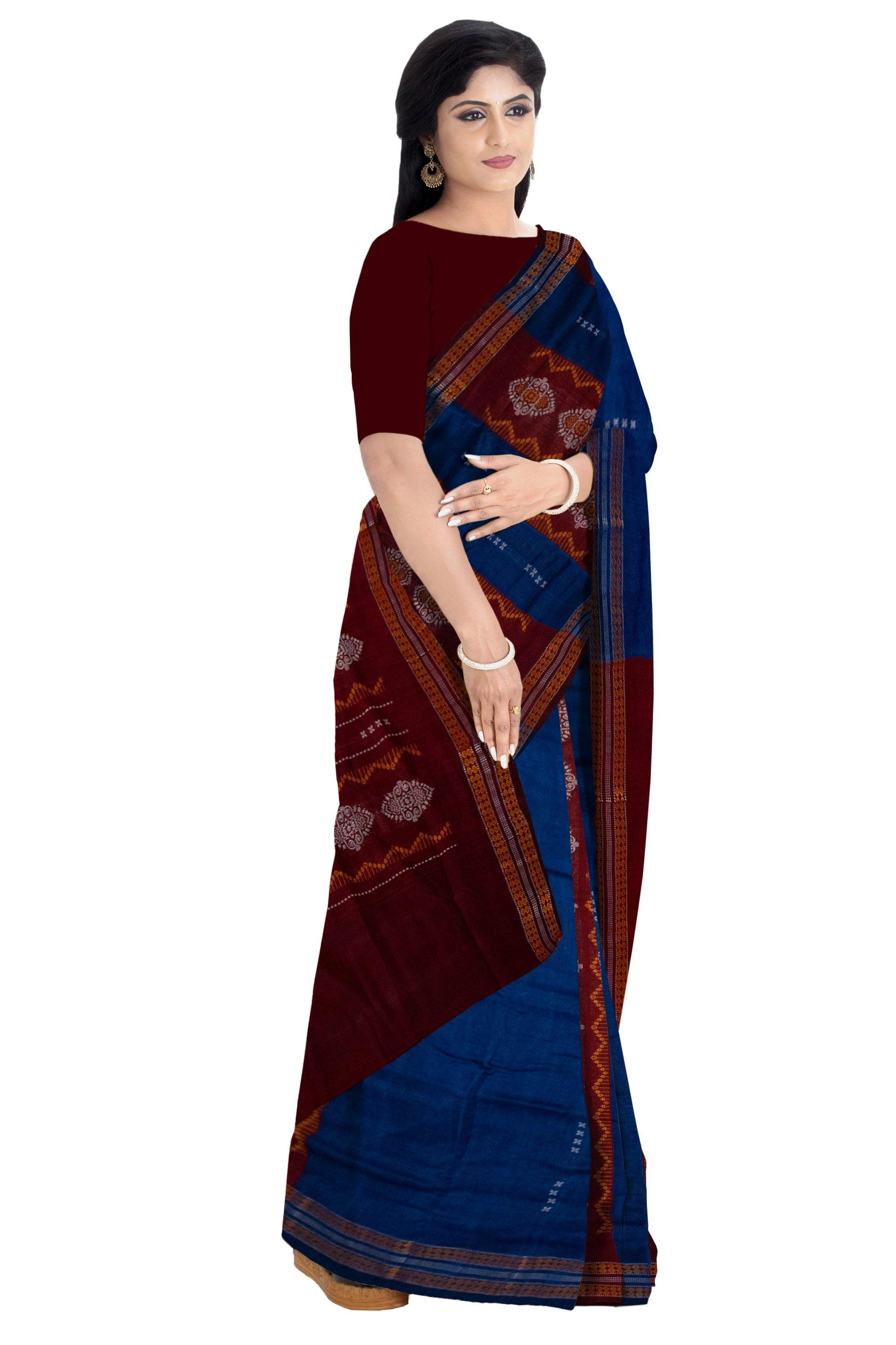 Sambalpuri Blue color cotton saree with Maroon Lining and Bomkei pattern. With Blouse piece. - Koshali Arts & Crafts Enterprise