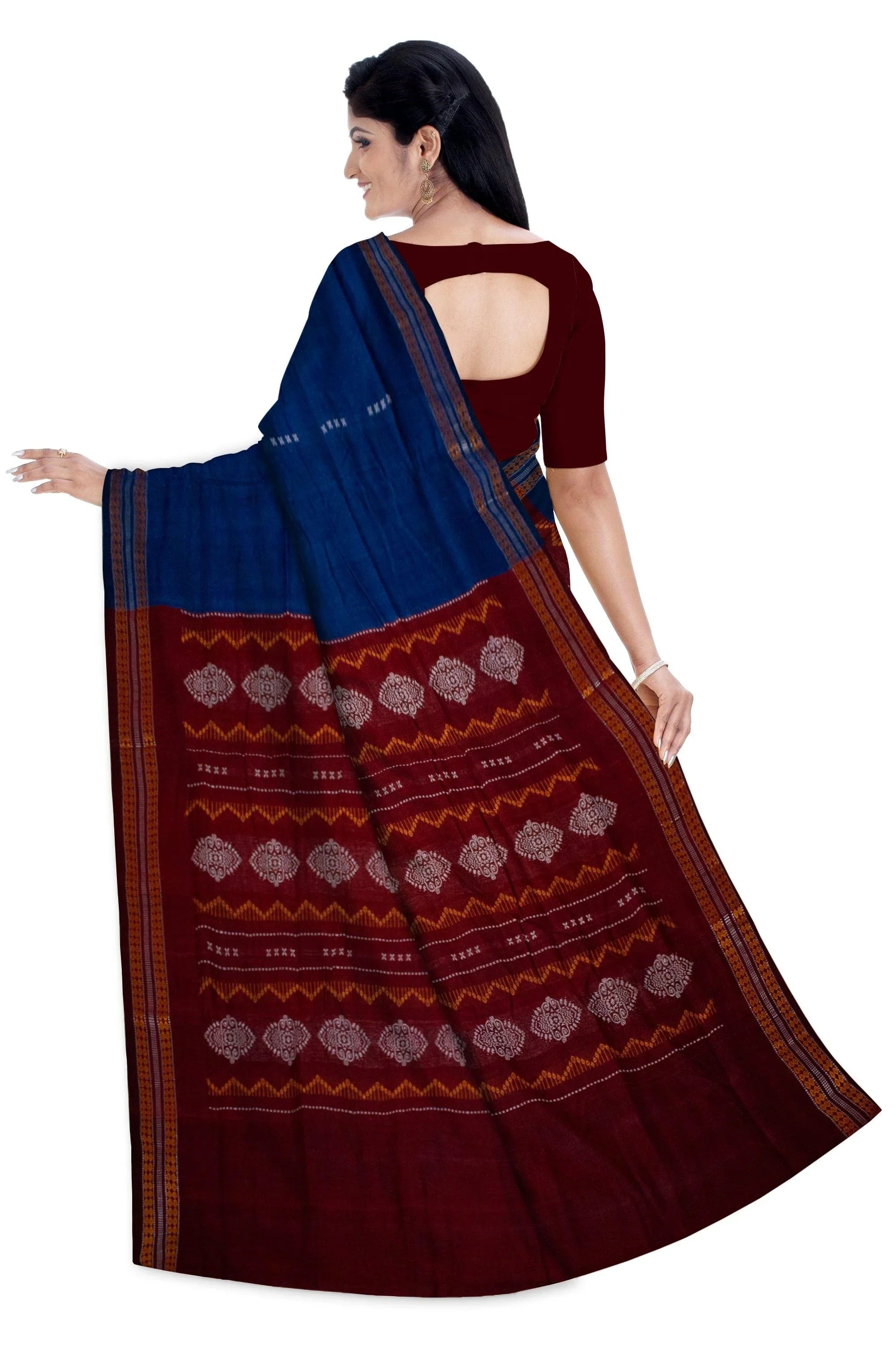 Sambalpuri Blue color cotton saree with Maroon Lining and Bomkei pattern. With Blouse piece. - Koshali Arts & Crafts Enterprise