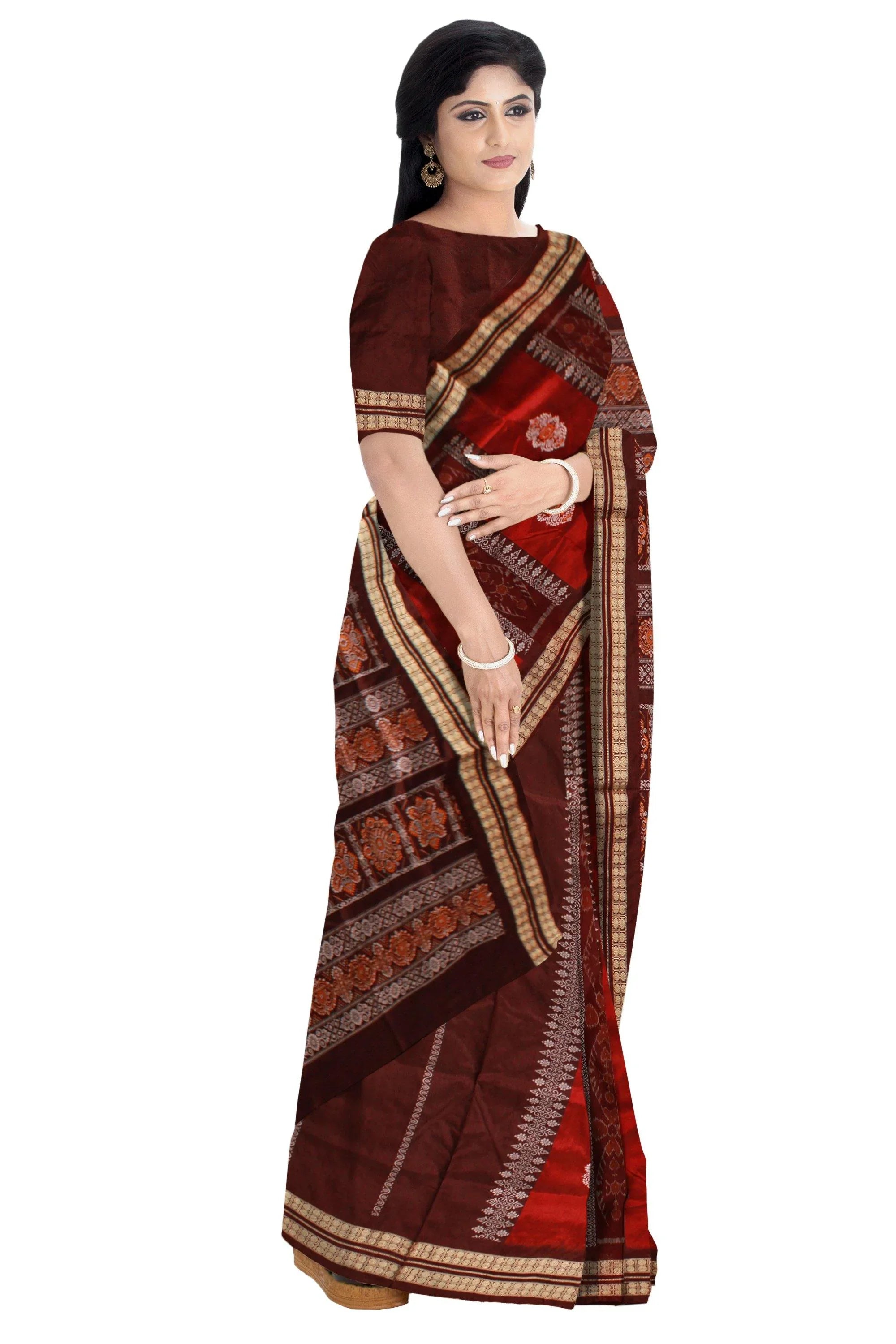 Maroon And Brown mix Patli Pata saree, With blouse piece. - Koshali Arts & Crafts Enterprise