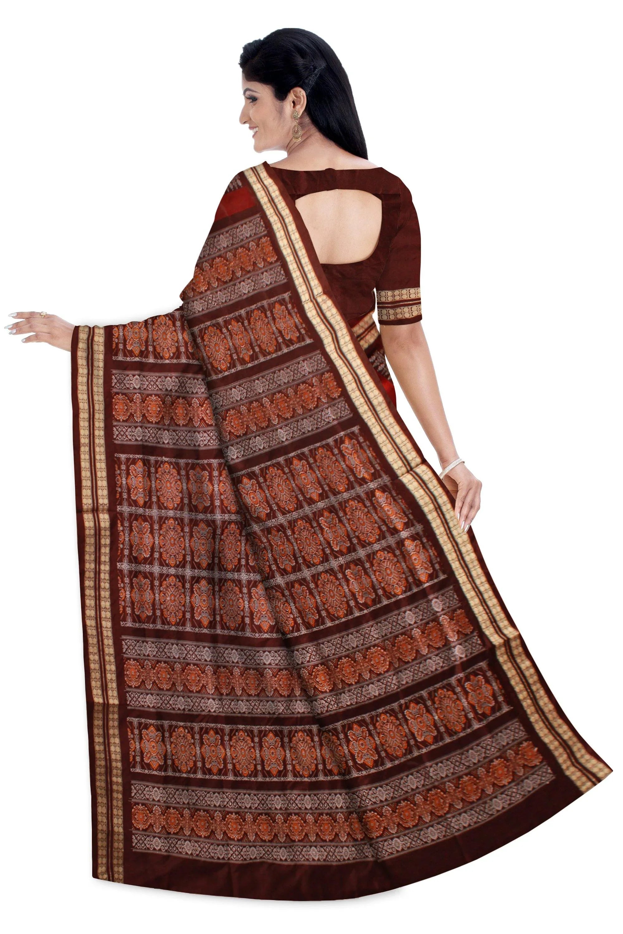Maroon And Brown mix Patli Pata saree, With blouse piece. - Koshali Arts & Crafts Enterprise