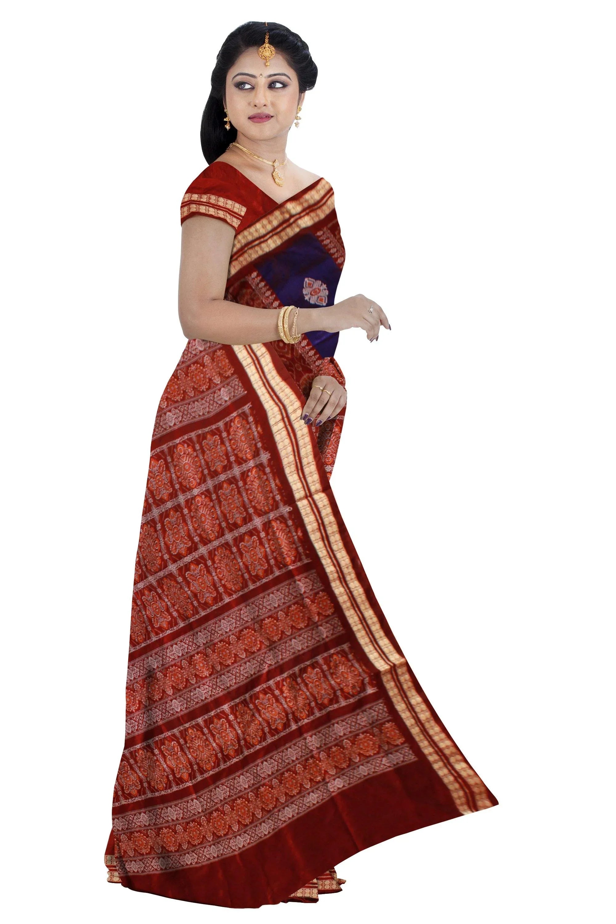 Blue And Maroon mix Patli Pata saree. With blouse piece. - Koshali Arts & Crafts Enterprise