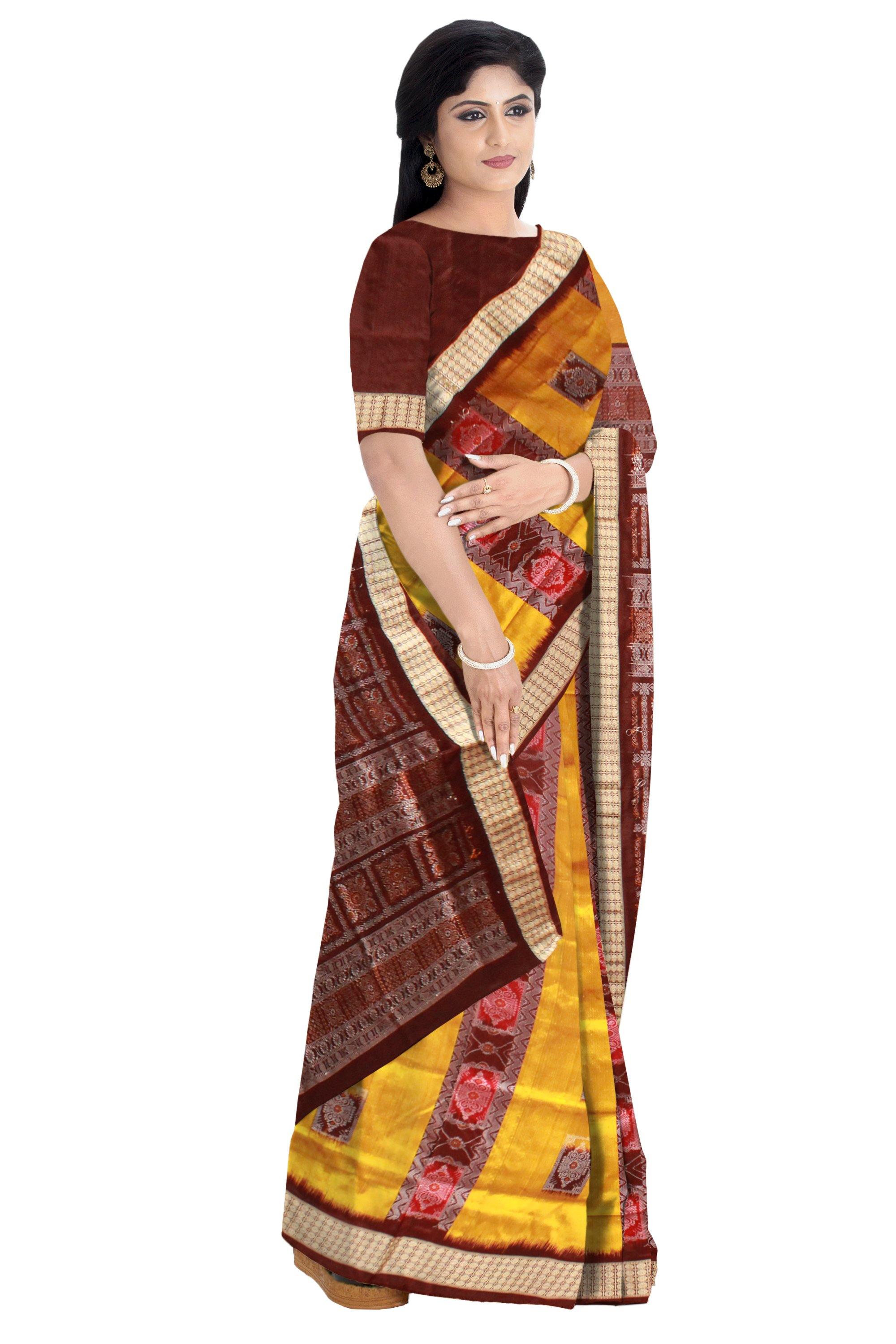 Yellow Color Pata saree with Maroon lining with blouse piece. - Koshali Arts & Crafts Enterprise