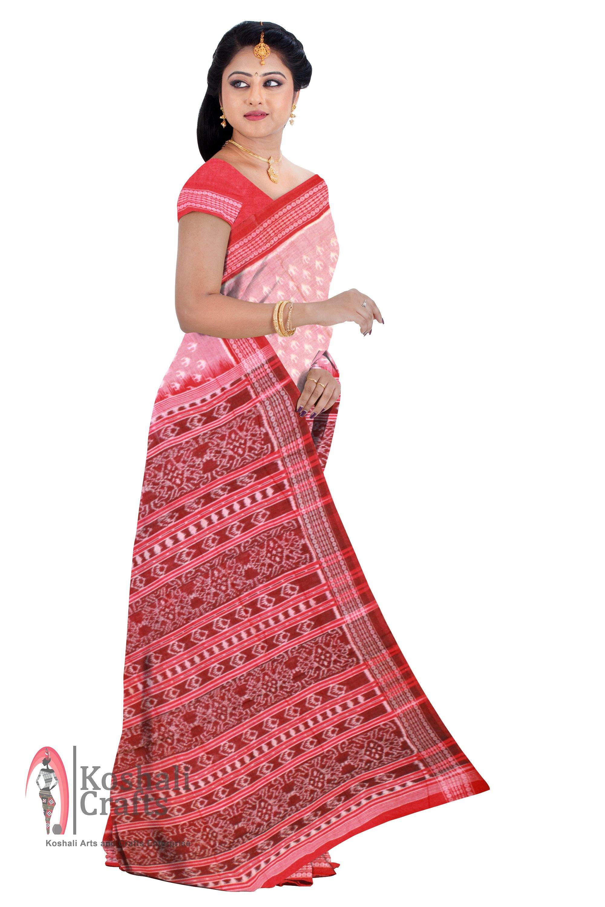 Sambalpuri IKAT Cotton Light Pink & Red Body, Lotus print saree with blouse piece - Koshali Arts & Crafts Enterprise