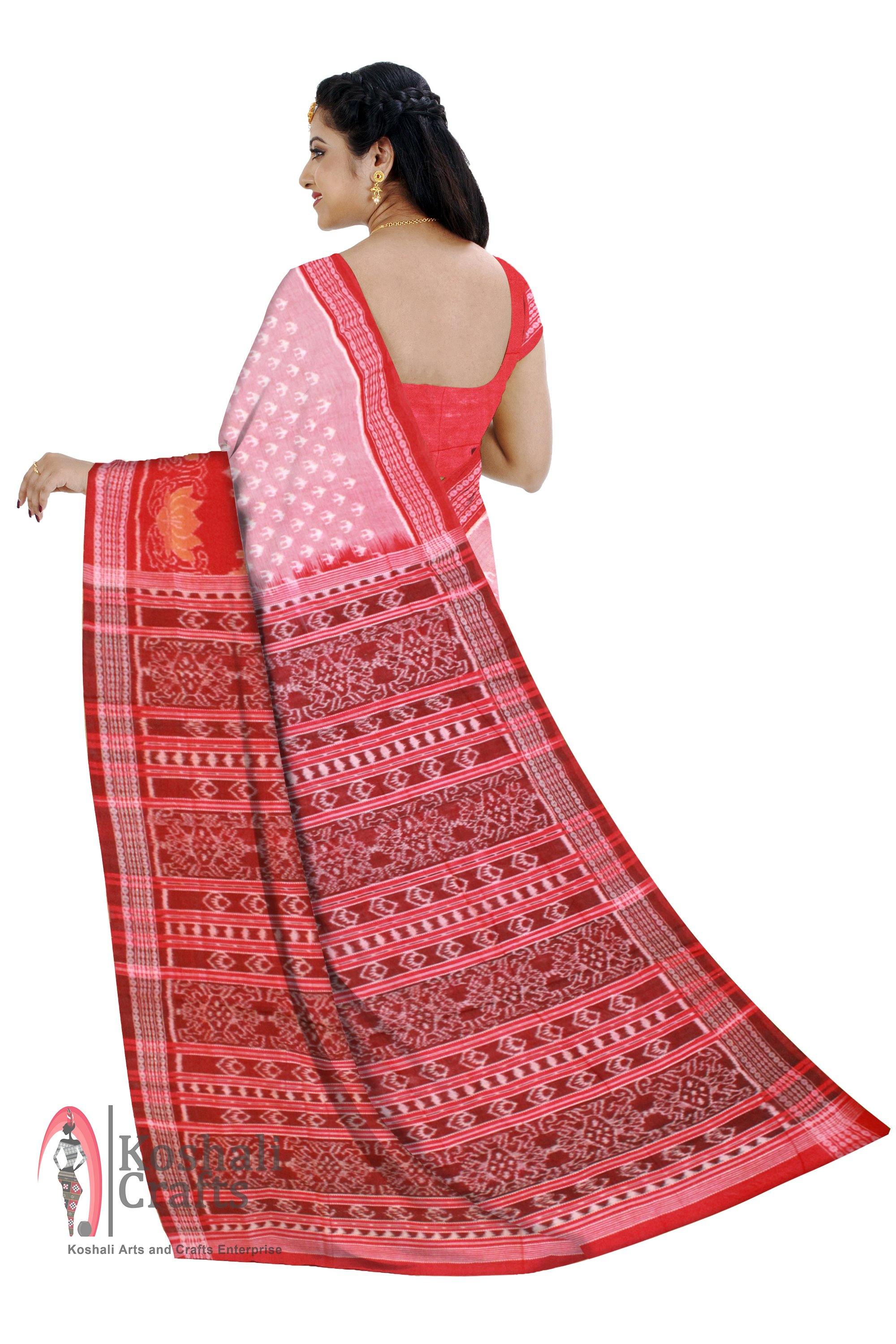 Sambalpuri IKAT Cotton Light Pink & Red Body, Lotus print saree with blouse piece - Koshali Arts & Crafts Enterprise