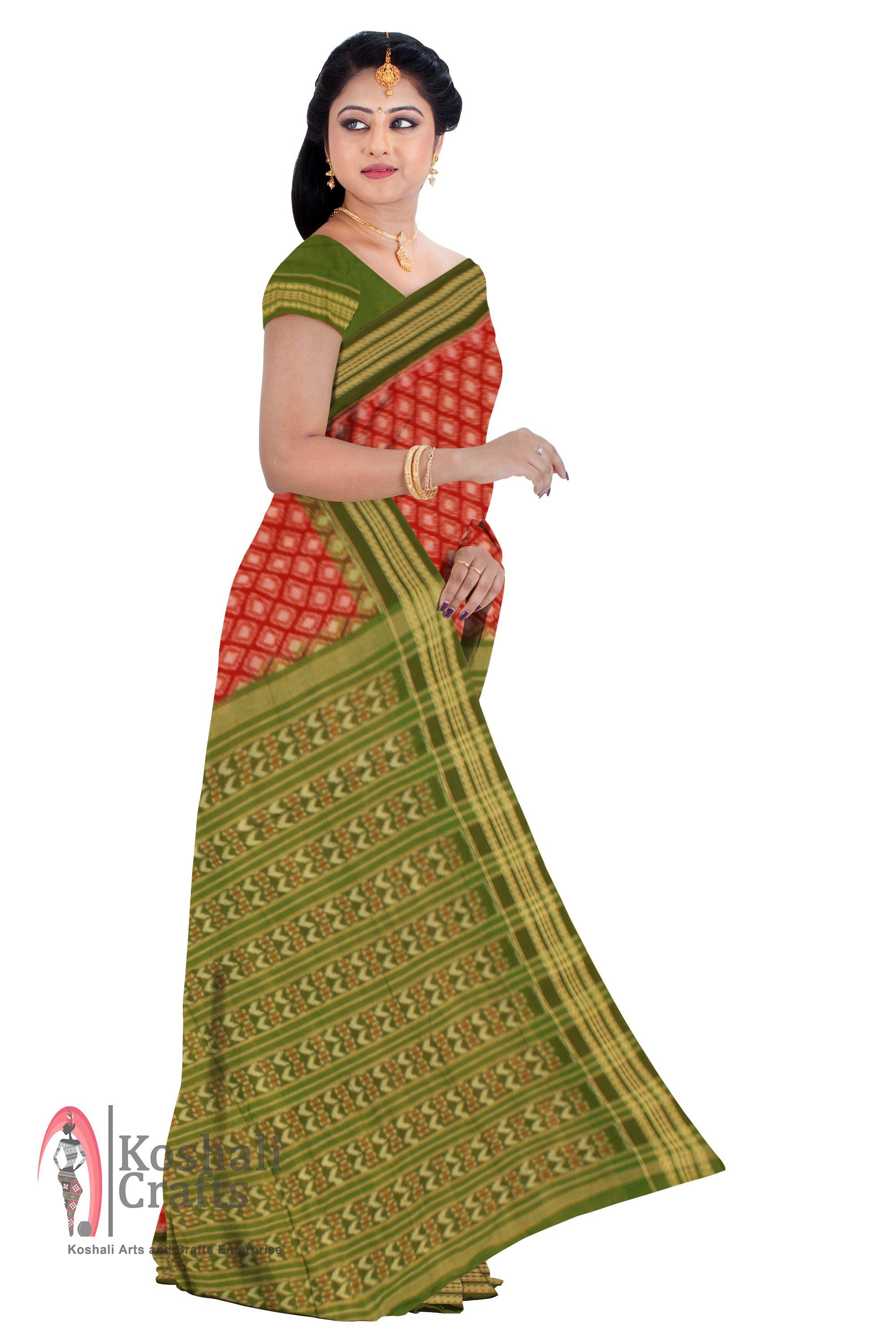 Sambalpuri IKAT Cotton, with Maroon Rudrakshya dobby Body & Green Pallu with Blouse piece - Koshali Arts & Crafts Enterprise