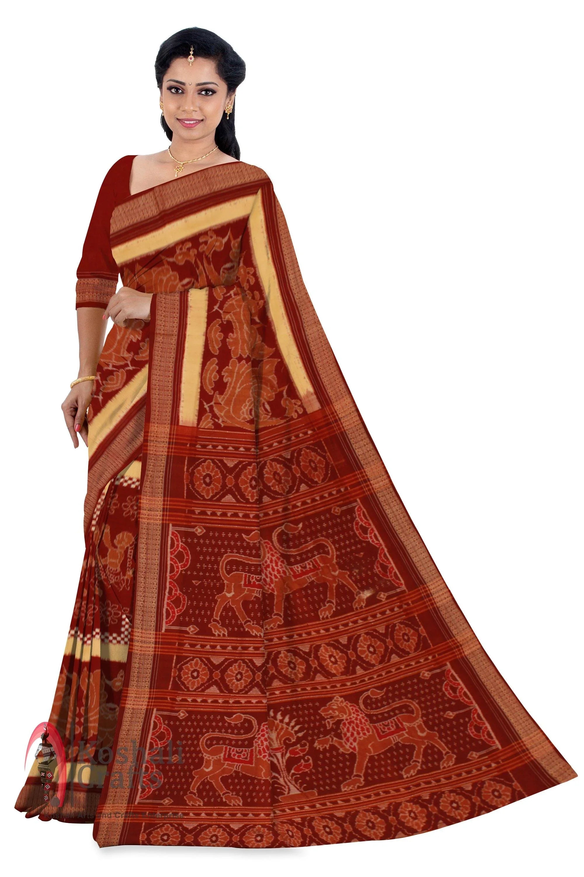 Sambalpuri handwoven tradition maroon Nrutyangana saree with sapta print and with blouse piece - Koshali Arts & Crafts Enterprise