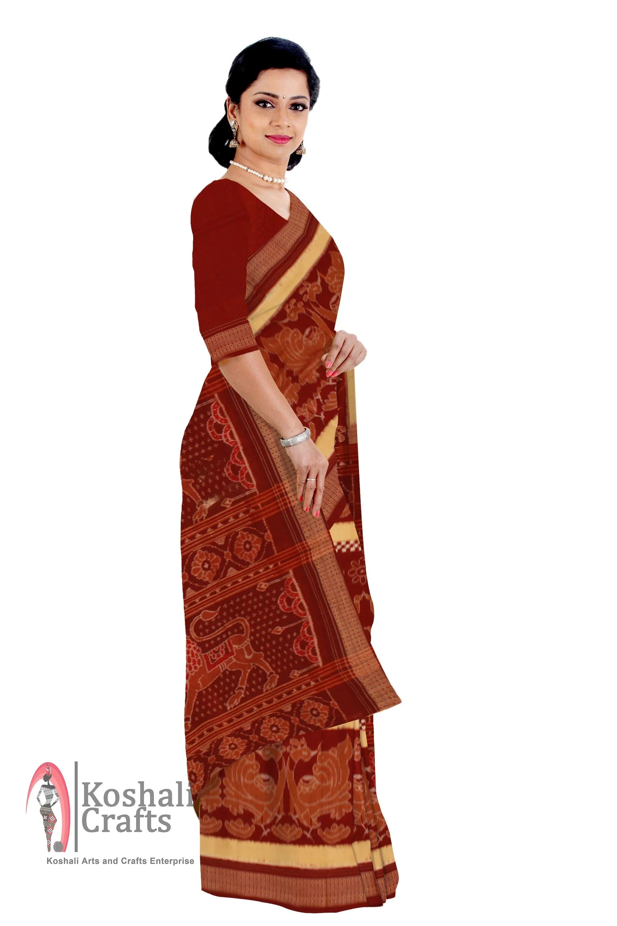 Sambalpuri handwoven tradition maroon Nrutyangana saree with sapta print and with blouse piece - Koshali Arts & Crafts Enterprise