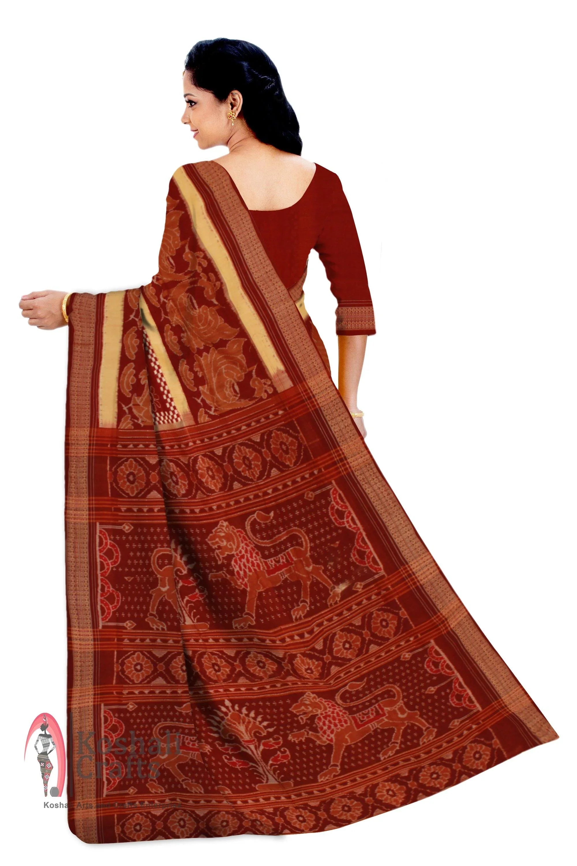 Sambalpuri handwoven tradition maroon Nrutyangana saree with sapta print and with blouse piece - Koshali Arts & Crafts Enterprise