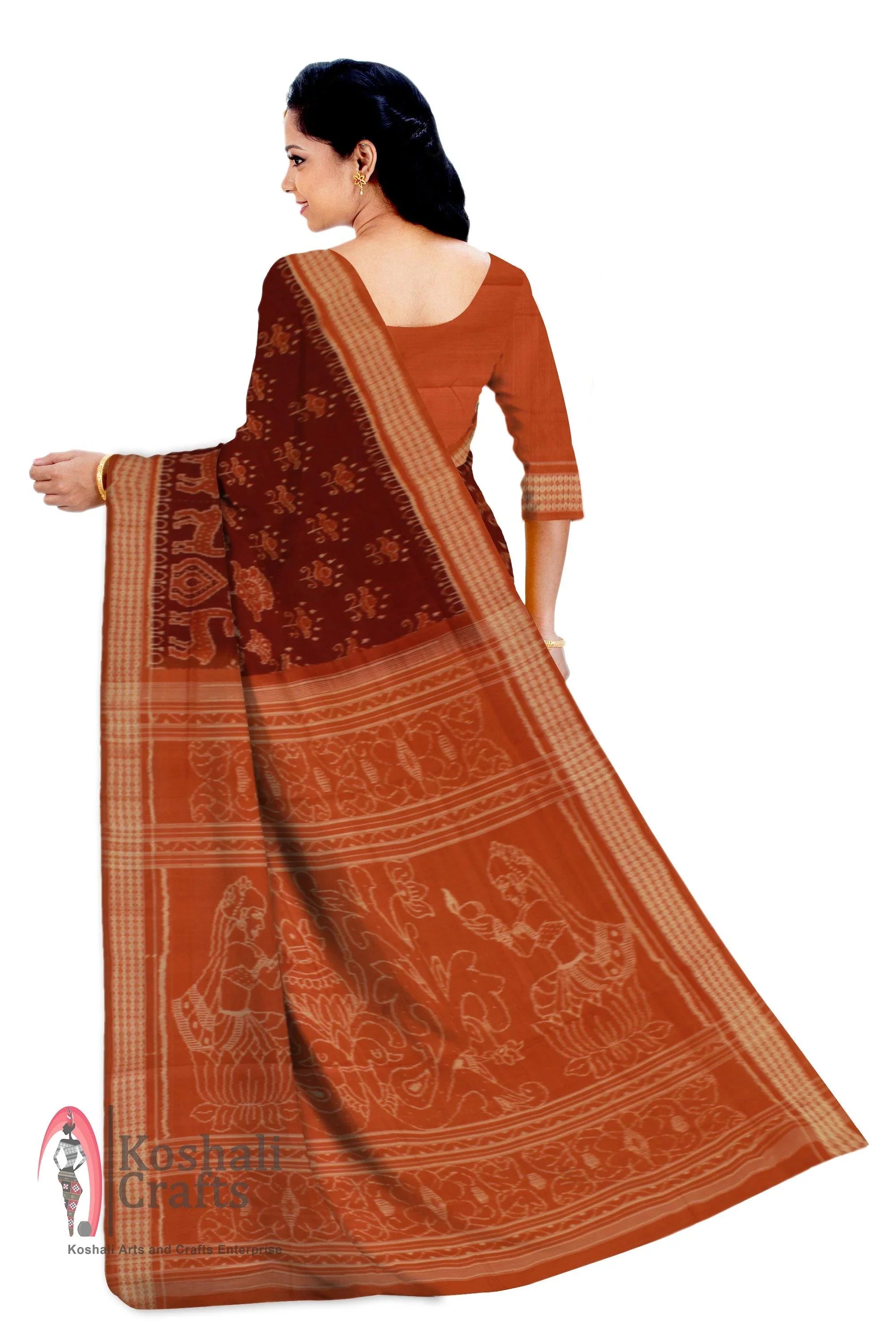 Sambalpuri handwoven tradition Brown Flower print IKAT Saree with blouse piece - Koshali Arts & Crafts Enterprise