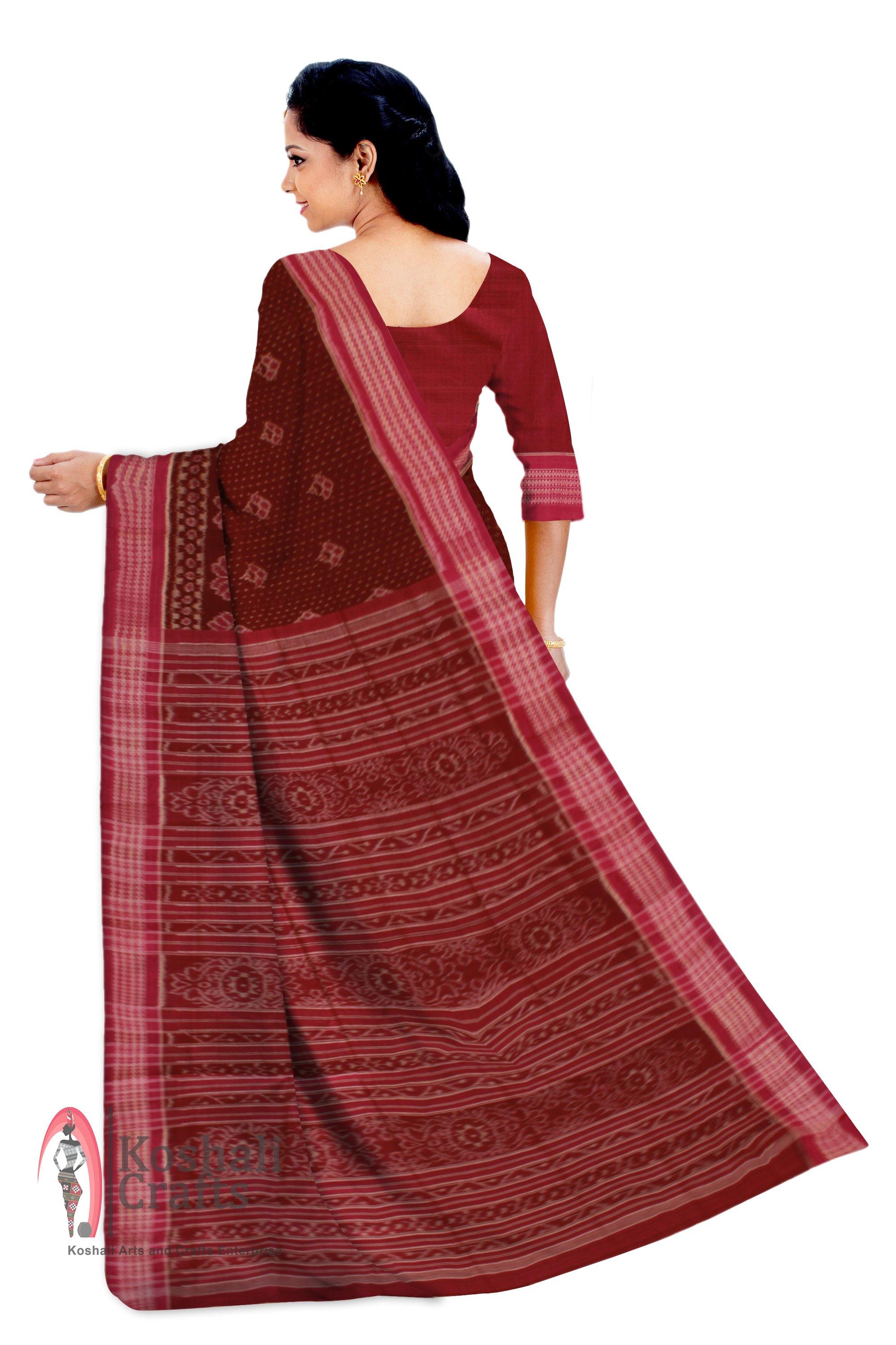Handwoven Rudraksh print Maroon Barpali Sambalpuri IKAT saree with blouse piece - Koshali Arts & Crafts Enterprise