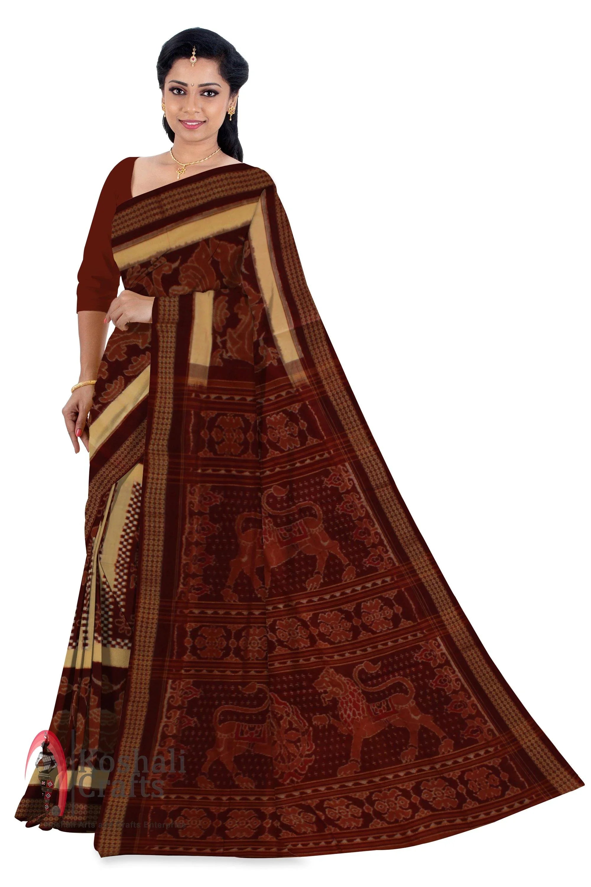 Sambalpuri handoven tradition maroon Nrutyangana saree with sapta print and Without blouse piece - Koshali Arts & Crafts Enterprise