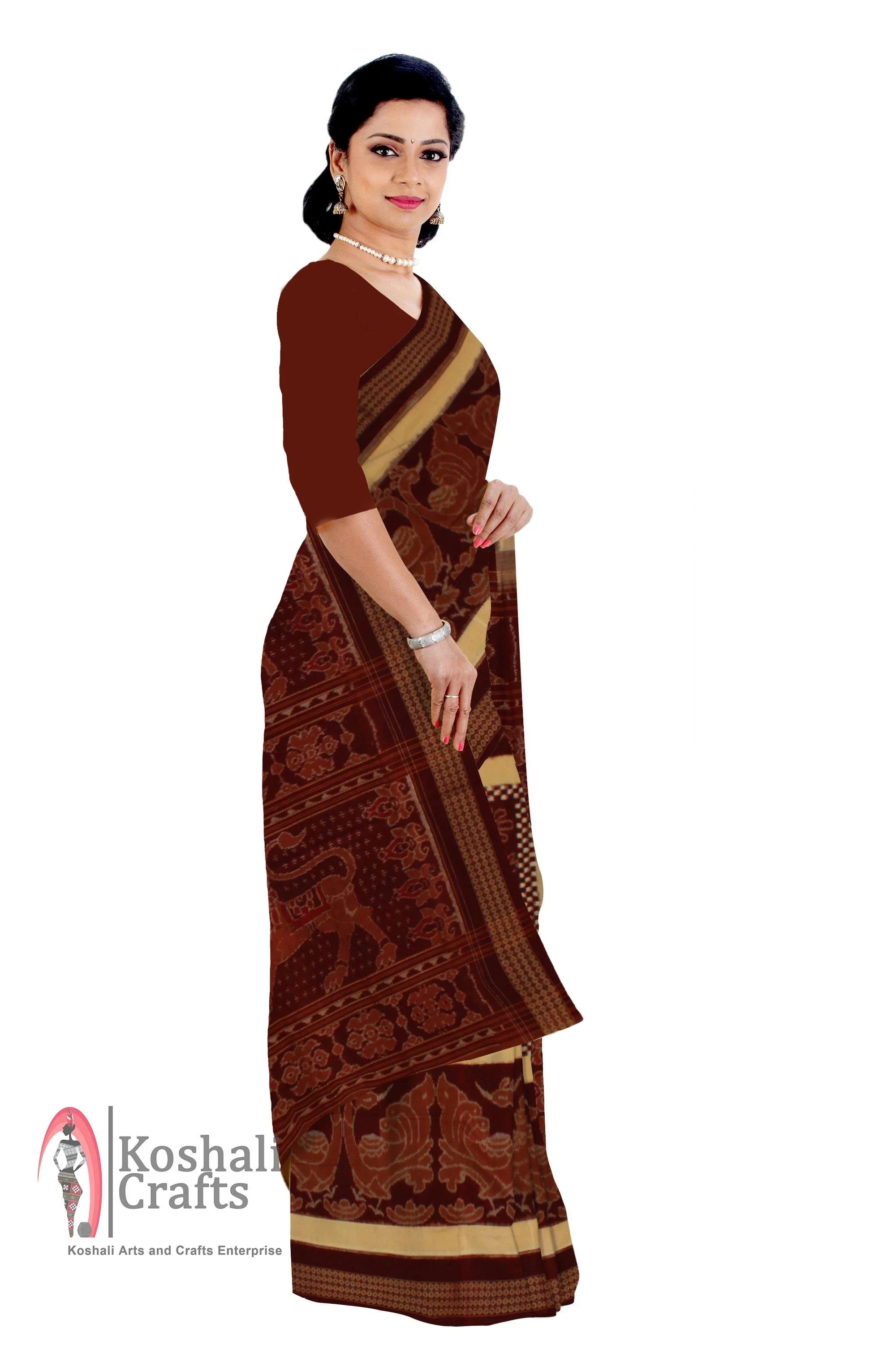 Sambalpuri handoven tradition maroon Nrutyangana saree with sapta print and Without blouse piece - Koshali Arts & Crafts Enterprise