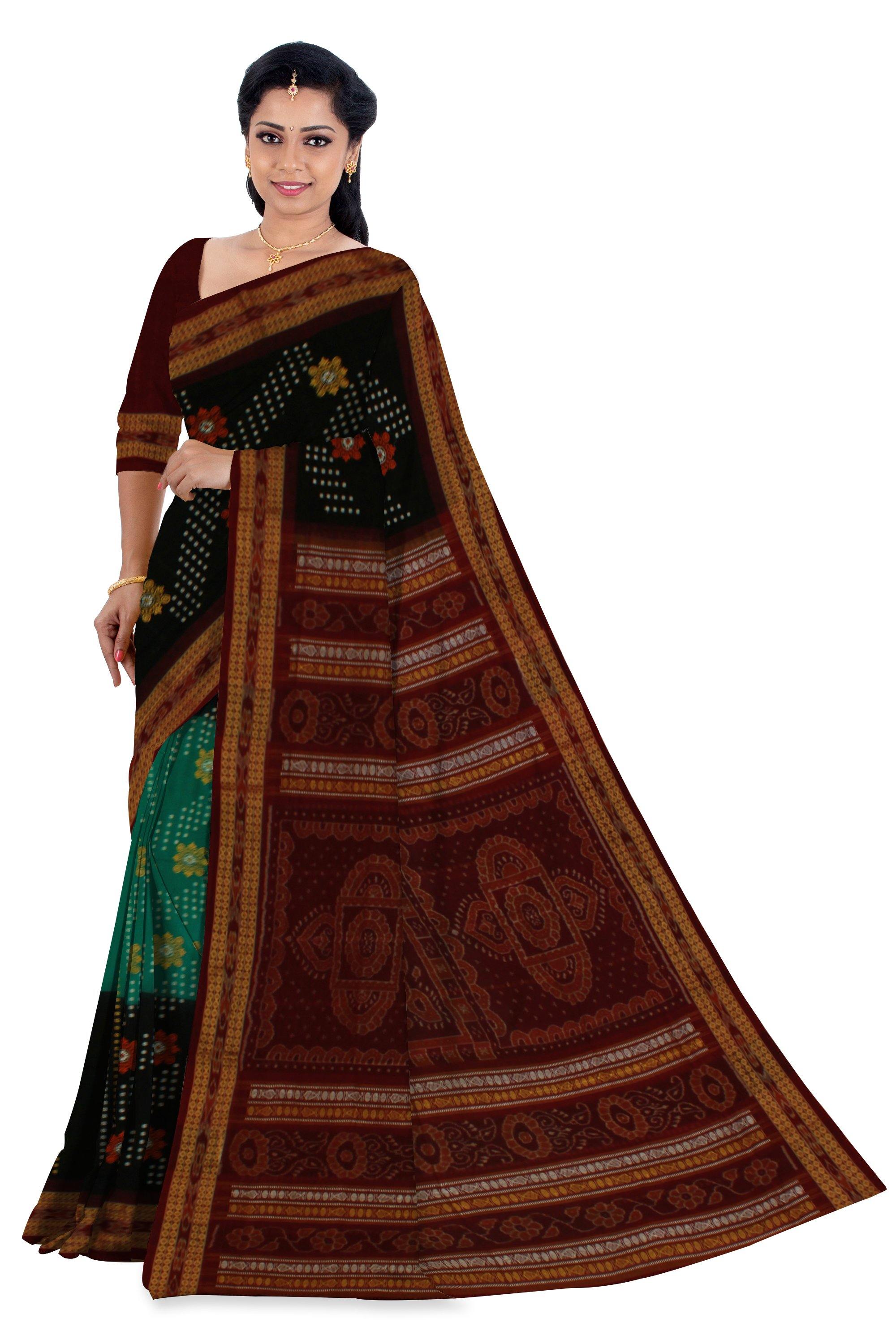 Sambalpuri traditional Bomkei saree in green and black color in body and maroon in pallu with chakra patten with blouse piece - Koshali Arts & Crafts Enterprise