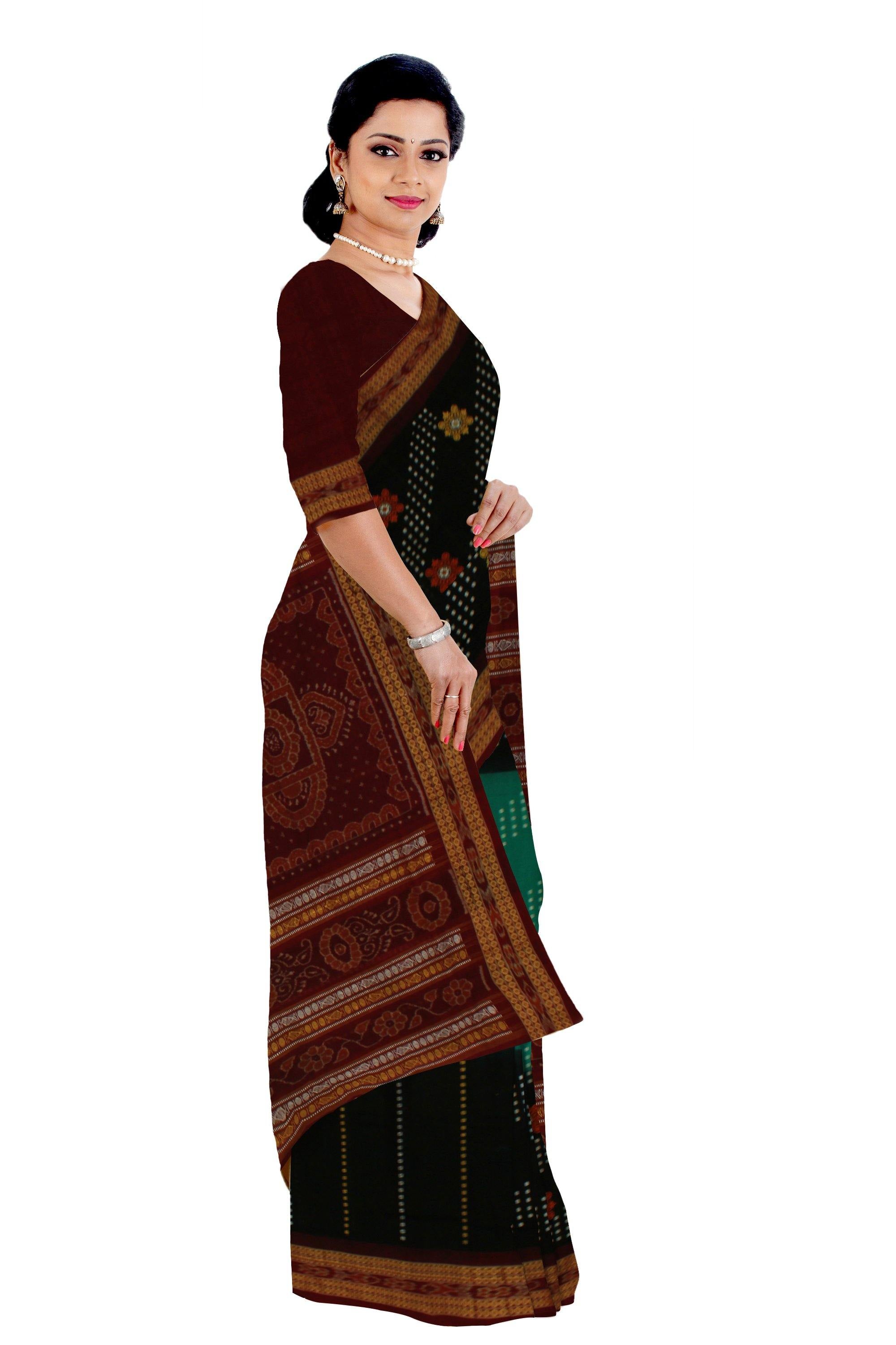 Sambalpuri traditional Bomkei saree in green and black color in body and maroon in pallu with chakra patten with blouse piece - Koshali Arts & Crafts Enterprise