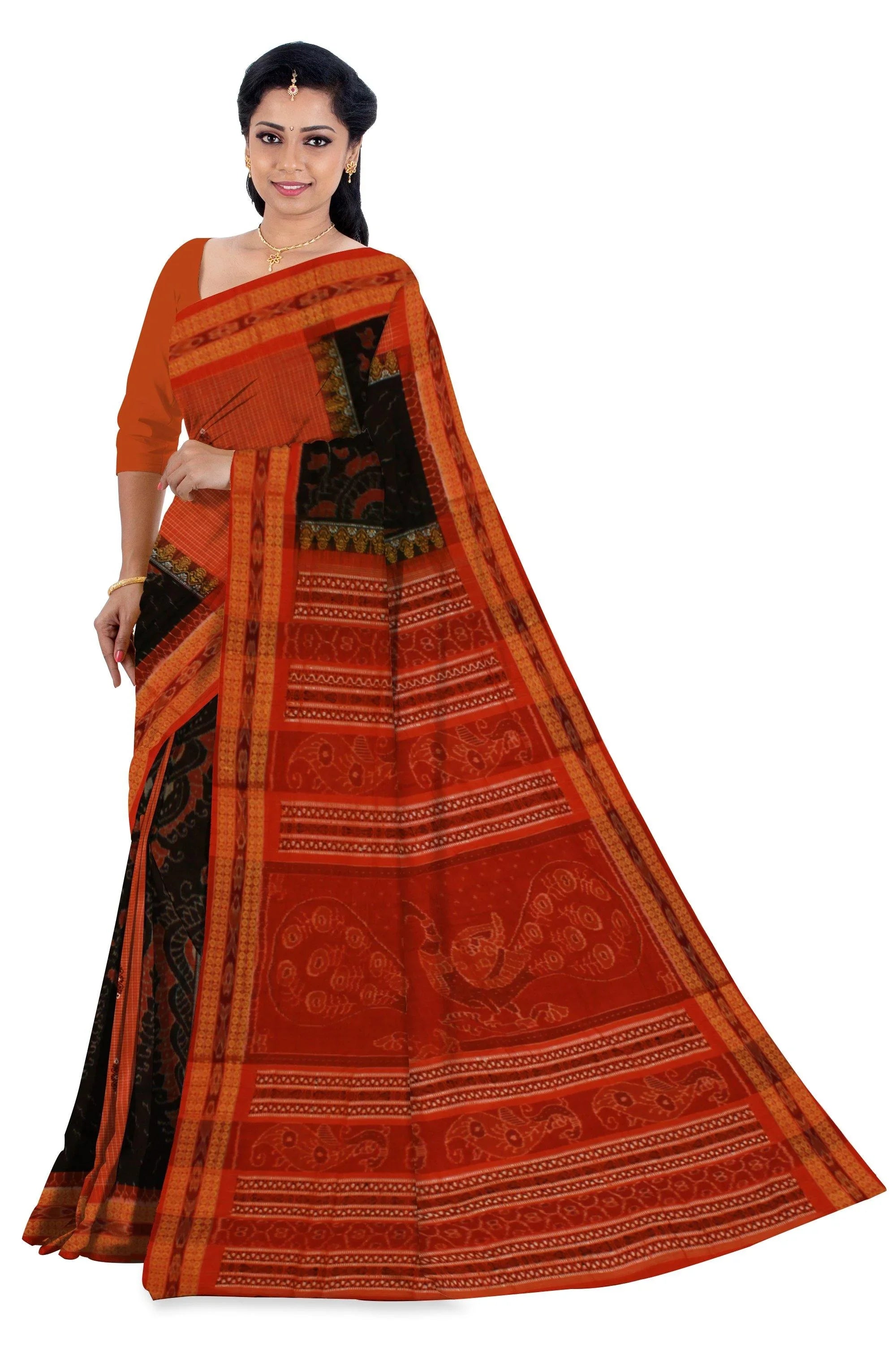 Sambalpuri Mayuri handwoven saree with black and orange color print in body and mayuri design in pallu IKAT saree without blouse piece - Koshali Arts & Crafts Enterprise